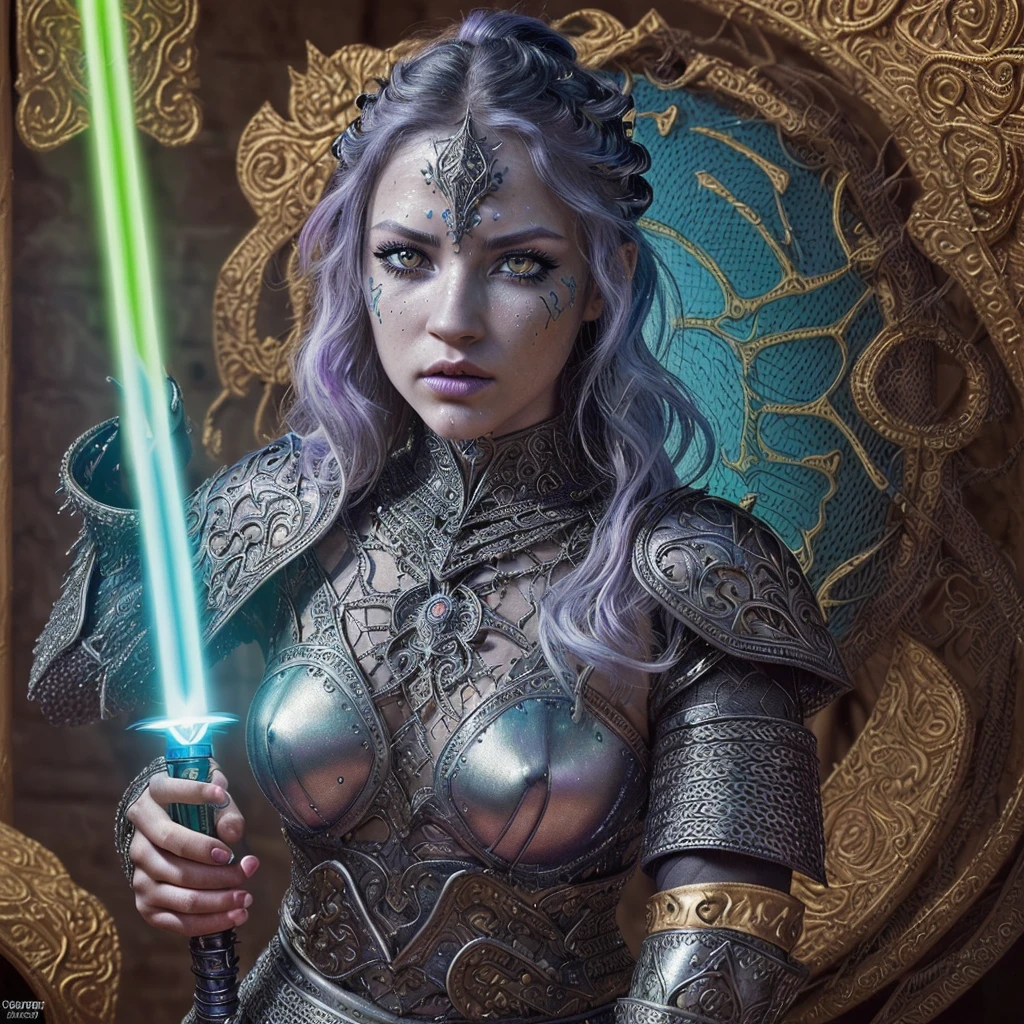 A female warrior, fantasy, ornate chainmail armor, lots of protective colorful clothing, wielding a light saber, beautiful detailed eyes, beautiful detailed lips, extremely detailed eyes and face, long eyelashes, intricate design, cinematic lighting, vibrant colors, epic fantasy, dramatic pose, dynamic action, photorealistic, 8k, ultra-detailed, masterpiece
