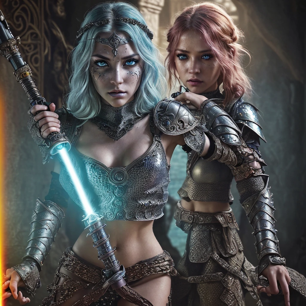 A female warrior, fantasy, ornate chainmail armor, lots of protective colorful clothing, wielding a light saber, beautiful detailed eyes, beautiful detailed lips, extremely detailed eyes and face, long eyelashes, intricate design, cinematic lighting, vibrant colors, epic fantasy, dramatic pose, dynamic action, photorealistic, 8k, ultra-detailed, masterpiece