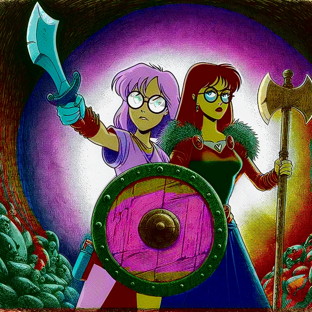 Daria Morgendorffer and Jane Lane as warriors in the style of MTV's animated show Daria, with shield and hatchet, hand-drawn in 90's style, with surreal and absurd elements, no light source, UV rays across face, rich color grading, cel shading, VHS glitch effects, nostalgic 90's vibe, hyperrealistic rotoscope, cinematic, with a background of pine barrens, entropy, magic hour sunset, galaxy stars, cosmos, in expressive ink bold line, with a color palette of bleak, muted, deep, fiery, radiant, glowing ROYGBIV.