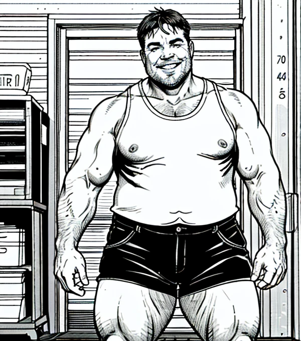 Intense cinematic scene, Full-body shot, Robust and robust real-world environment, short-hair, thick arm muscles, thick leg muscles, bbw, strong, Fat middle-aged man with a bright smile, wear shorts