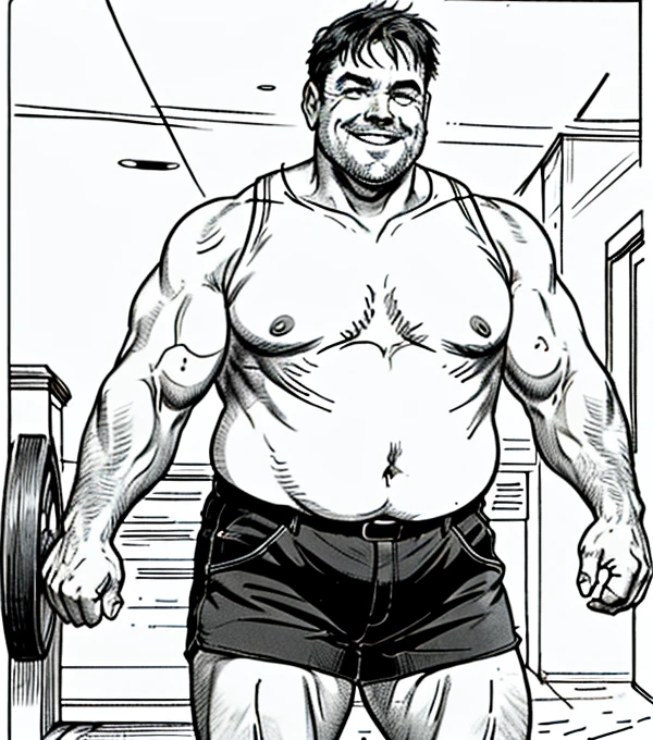 Intense cinematic scene, Full-body shot, Robust and robust real-world environment, short-hair, thick arm muscles, thick leg muscles, bbw, strong, Fat middle-aged man with a bright smile, wear shorts