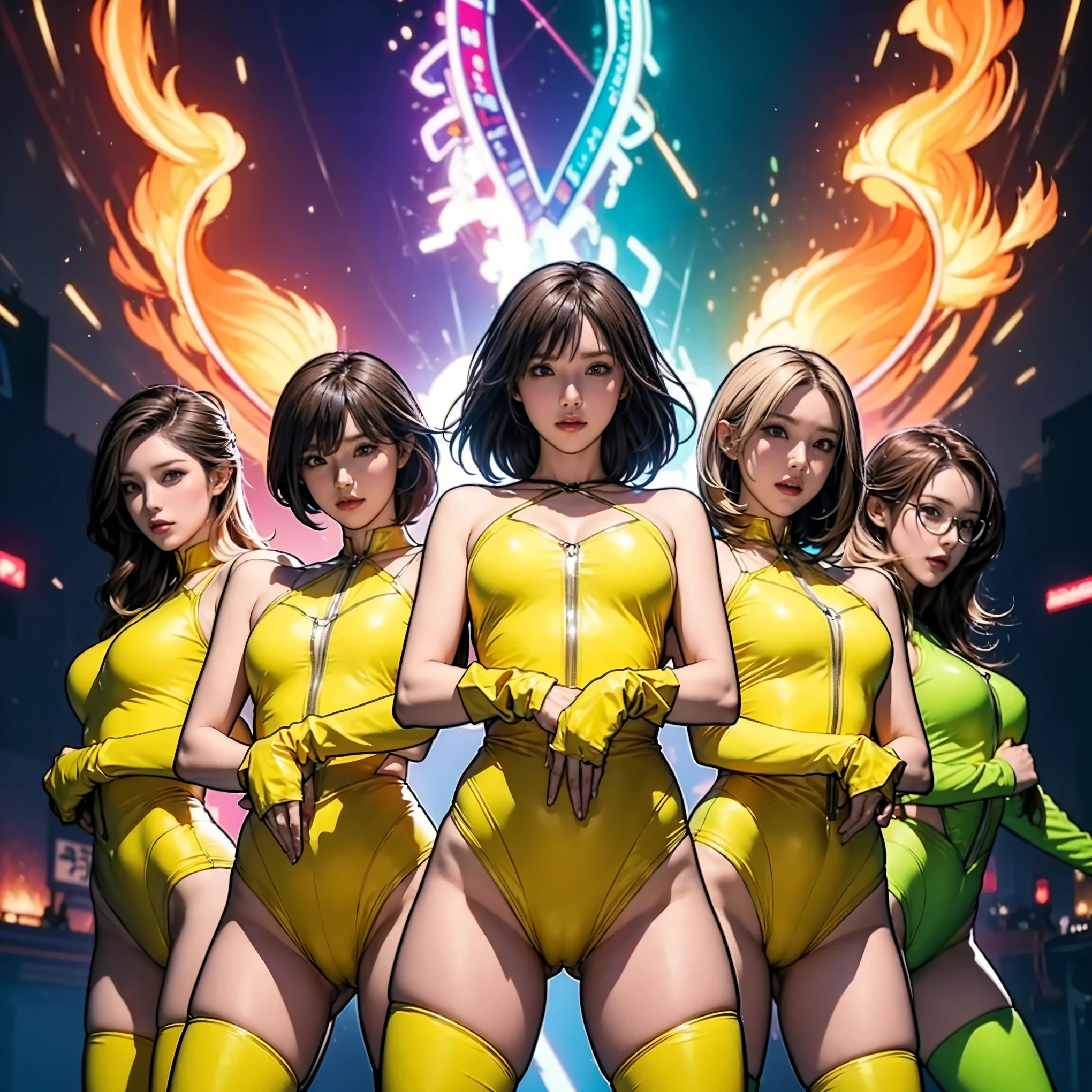 A brave and courageous image of a 6 member ranger team, Each one is decorated in vibrant colors such as:: Neon Pink, Fire engine red, plasma violet, Fluorescent Green, shocking yellow metallic blue. Dynamic poses in a background that exudes energy and courage, Embodying the essence of the classic Sentai superhero team. Each Ranger:: The attire is sophisticated and modern, Each color has elements that reflect its theme., Ready for action. ((Camel Toe))