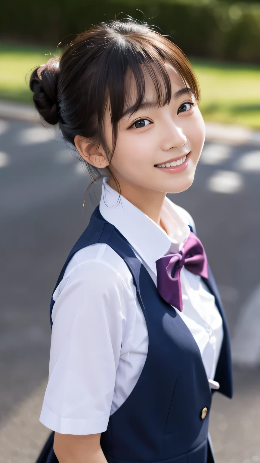 (masterpiece:1.2), Japanese, (18 years old), (((a girl))), hair bun, slender body, (school uniform), collared shirt, short sleeves, bow tie, outdoor, smiling,