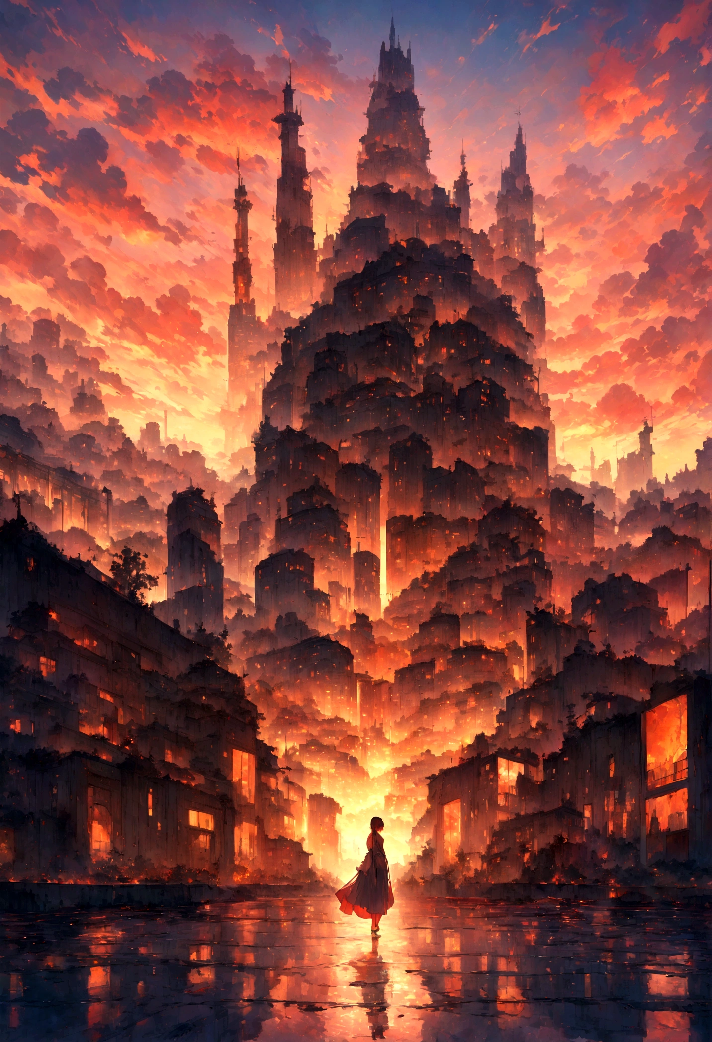 As a renowned genius of contemporary art, I envision an ultra-realistic illustration capturing the theme of "reflection" in a scene where the sun is setting. Imagine a city skyline dominated by towering skyscrapers, their glass facades acting as mirrors for the descending sun. The warm hues of twilight bathe the urban landscape, contrasting with the cool tones of the buildings. Each window reflects a slightly different perspective of the sunset, creating a mesmerizing mosaic of light and shadow. The intricate details of the architecture, the play of light on the glass surfaces, and the nuanced gradations of color must be meticulously rendered to evoke a sense of awe and wonder. This illustration should transcend mere depiction, inviting the viewer to contemplate the interplay of natural beauty and human ingenuity.