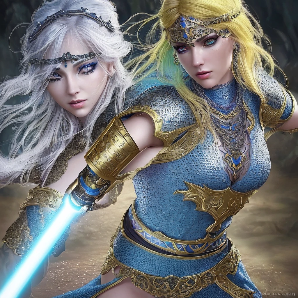 A female warrior, fantasy, ornate chainmail armor, lots of protective colorful clothing, wielding a light saber, beautiful detailed eyes, beautiful detailed lips, extremely detailed eyes and face, long eyelashes, intricate design, cinematic lighting, vibrant colors, epic fantasy, dramatic pose, dynamic action, photorealistic, 8k, ultra-detailed, masterpiece
