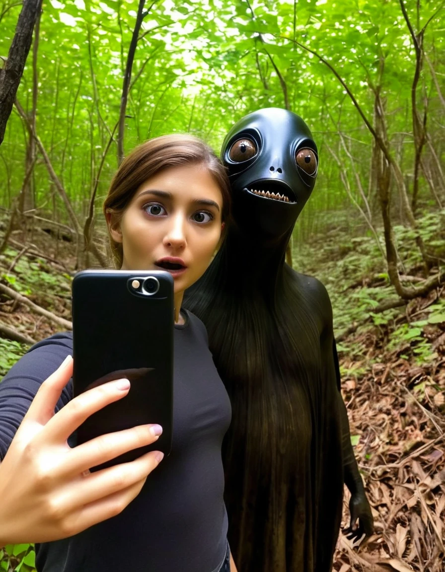 a photorealistic picture of a , isolated, dark, hollowed out soul taking a selfie. a lifeless, ghostly, tragic, sunken eyed creature that resembles a dark shell of a human female but has dead eyes, a pathetic face like the living dead mindlessly taking a selfie with her boyfriend in nature with a cell phone trying to look cute, and attractive