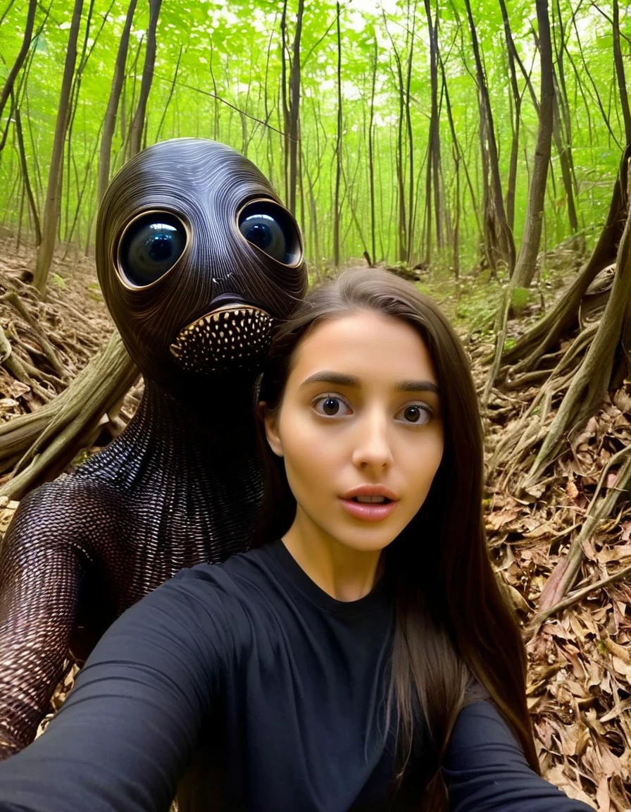 a photorealistic picture of a , isolated, dark, hollowed out soul taking a selfie. a lifeless, ghostly, tragic, sunken eyed creature that resembles a dark shell of a human female but has dead eyes, a pathetic face like the living dead mindlessly taking a selfie with her boyfriend in nature with a cell phone trying to look cute, and attractive
