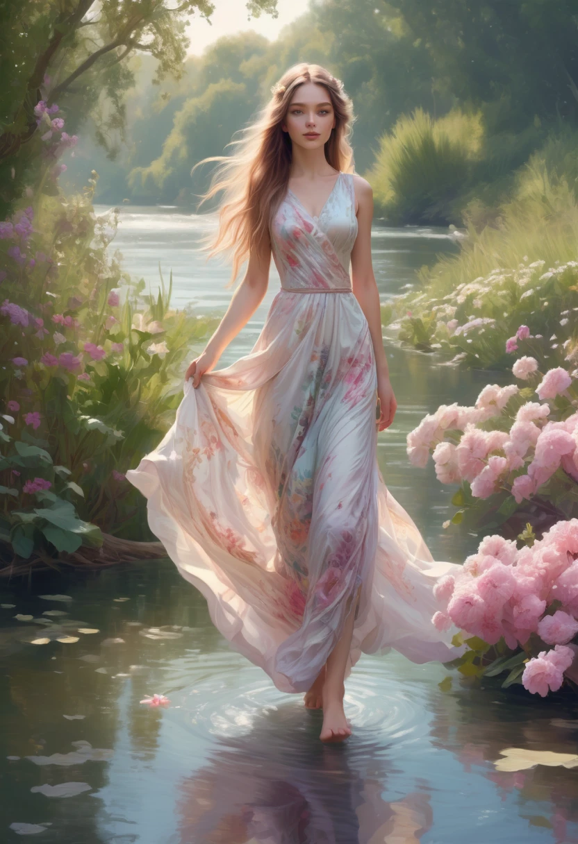 Digital painting.A beautiful, graceful girl with long hair, in an airy flower dress, walks along the riverbank.Beautiful landscape, fantastically.Hyperdetalization,realistic,bright light,5d,64k,art botanical,fantasy,intracate details,bohemian,elegant, aesthetic,artistic,beautiful drawing,pixel art,Janet Kruskamp style