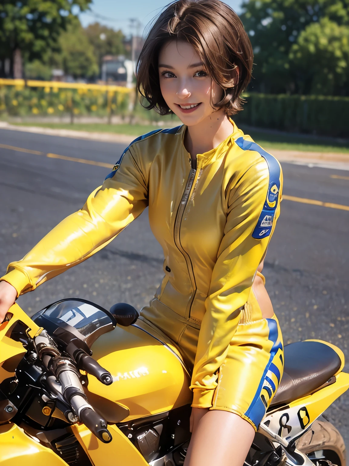 (masterpiece:1.3), (8k, Realistic, RAW Photos, highest quality:1.4), (Realistic face), ((Brown Hair, Very short hair:1.3)), Beautiful Hairstyles, Realistic eyes, Beautiful little blue eyes, (Realistic skin), (Beautiful Skin), ((((Yellow racing suit)))), charm, Ultra-high resolution, Golden Ratio, Long limbs、((smile)), ((Full Body Shot))、(((Riding a motorcycle outdoors)))