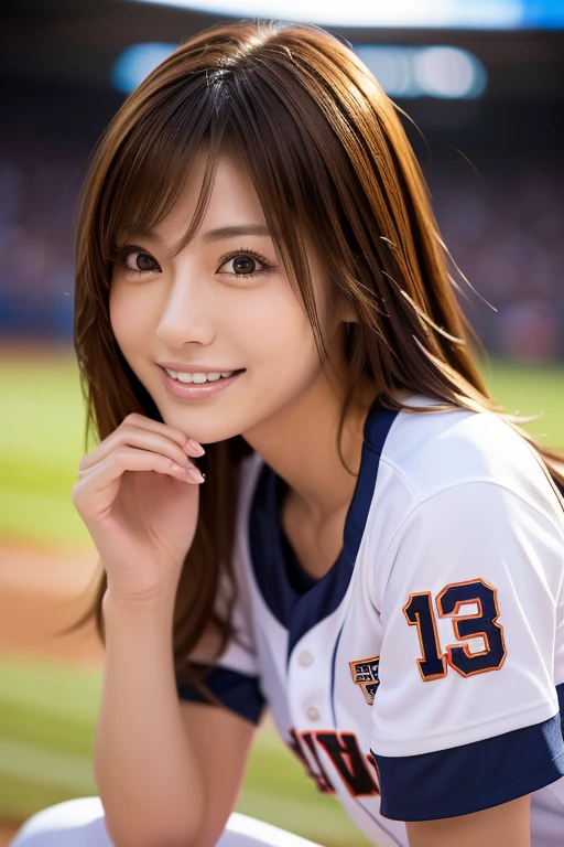 (((baseball Ground:1.5, On the mound:1.4, throw the ball at the first pitch:1.5, Baseball uniform))),Dynamic, cinematic photos,(Ultra Realistic, High resolution), (Highly detailed eyes, Highly detailed hair, highly Detailed face, Highly detailed plump lips,Perfect Anatomy),(highest quality:1.4), (Realistic, photo-Realistic:1.37), Professional photography, Cinematic Light, (Detailed face: 1.2), slim,(Beautiful leg lines ),(Famous Japanese actresses:1.2), RAW Photos, Highly detailed skin,very thin fingers, Highly detailed nose, Highly detailed mouth,Highly detailed background, Smile