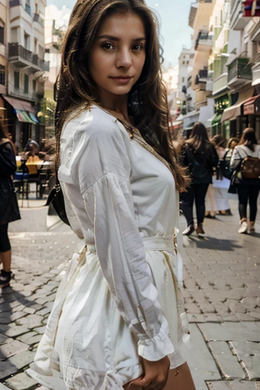 Mujer joven, 20 years, elegante, Brown hair, atractiva, en una plaza, foto selfie tomada desde un iPhone 14 ((mejorar calidad)), ((detallada)),((High Definition))