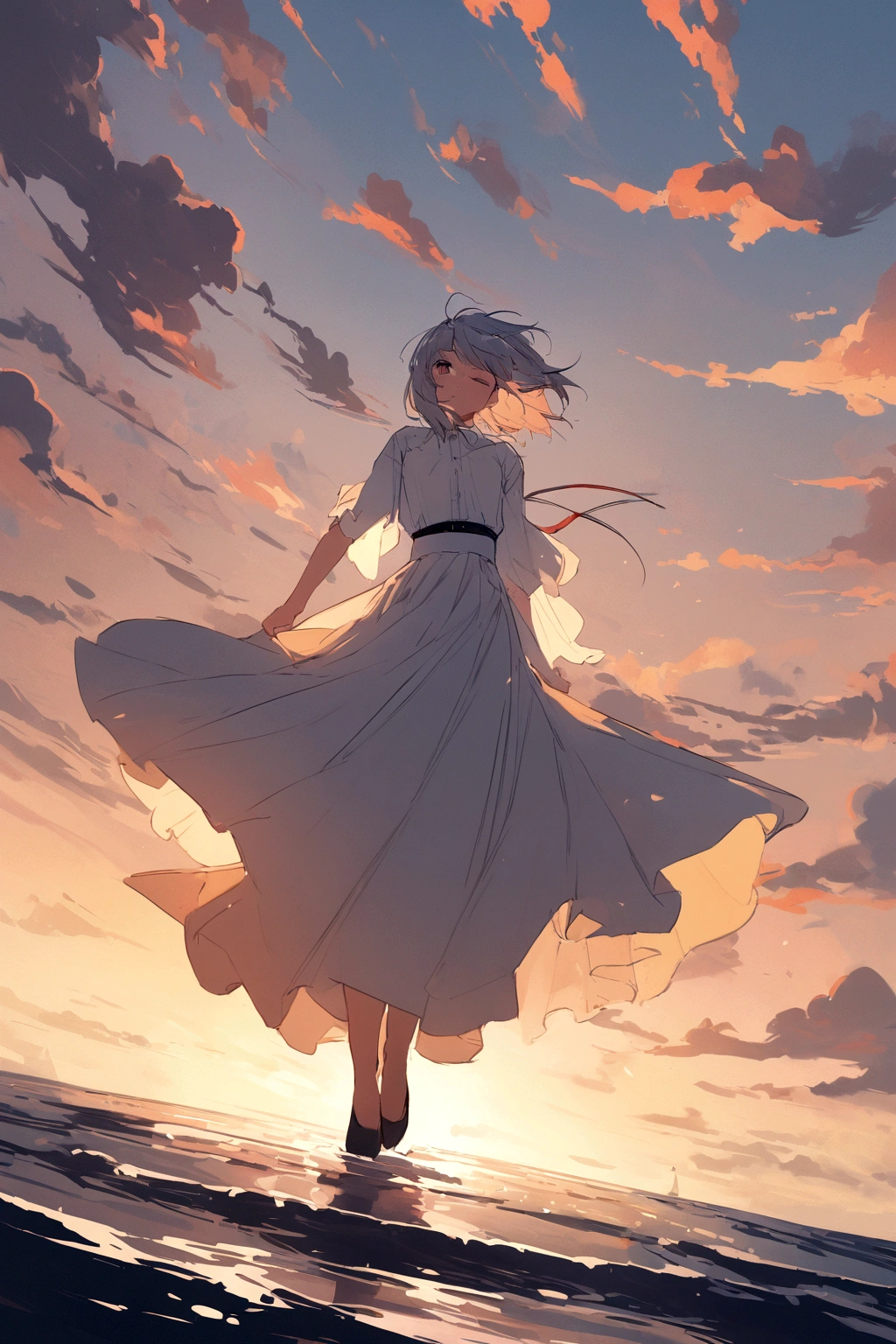 音無響子
Low - Angle、
Low - Angle、Long skirt、Hold down your skirt that is being blown up by the strong wind、The strong wind is showing her white cotton panties、high quality:1.0), (masterpiece:1.0), (Ultra-fine illustrations:1.0), ネイビーブルーのLong skirt、
、Lined、