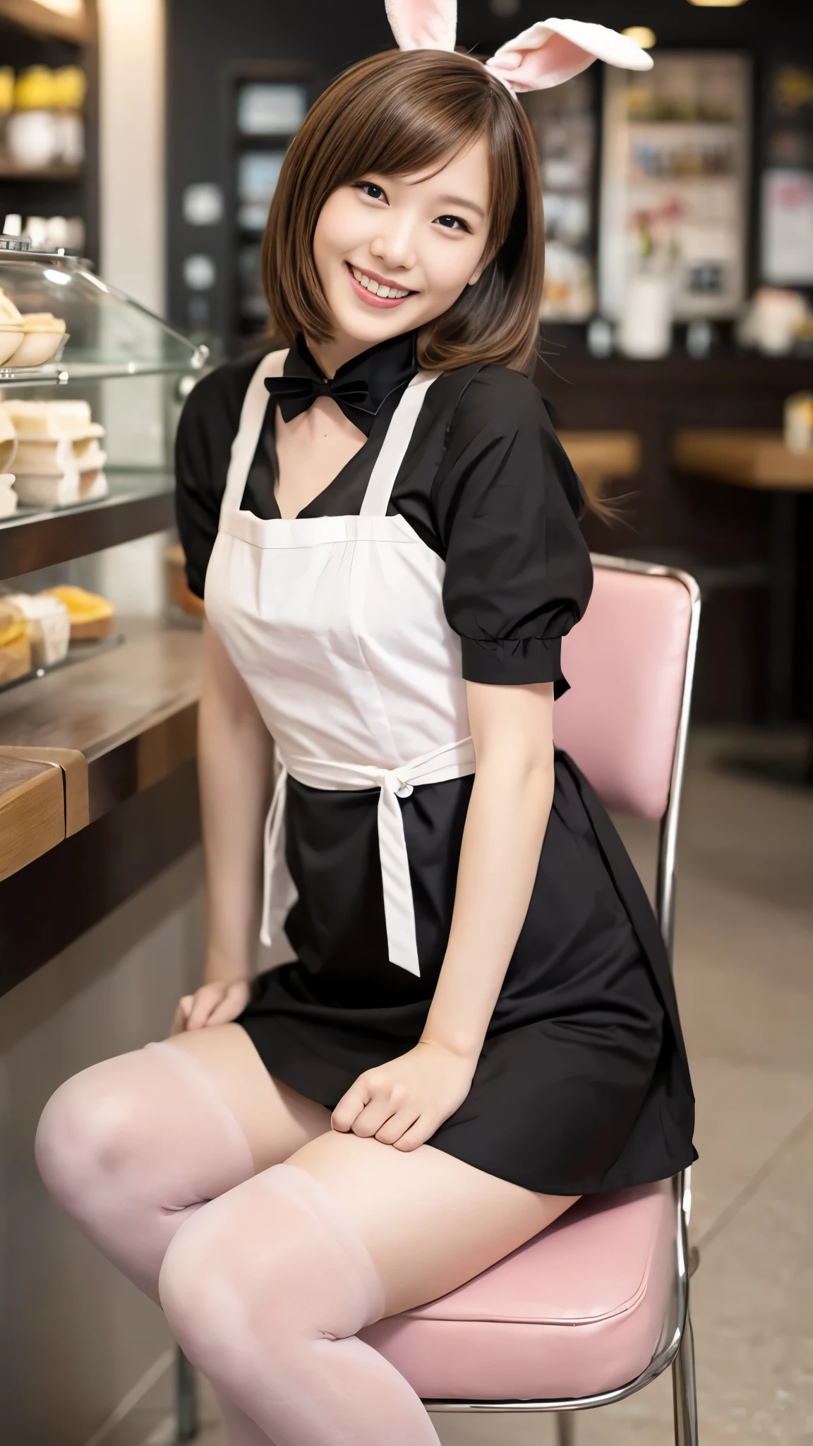 A bunny girl in a light pink maid outfit working at a maid cafe:1.5，The best smile:1.5，Full Body Shot:1.5，Gray background:1.5，Wearing black high heels:1.5，Brown hair, short cut, side wavy:1.5，Sitting in a chair:1.5