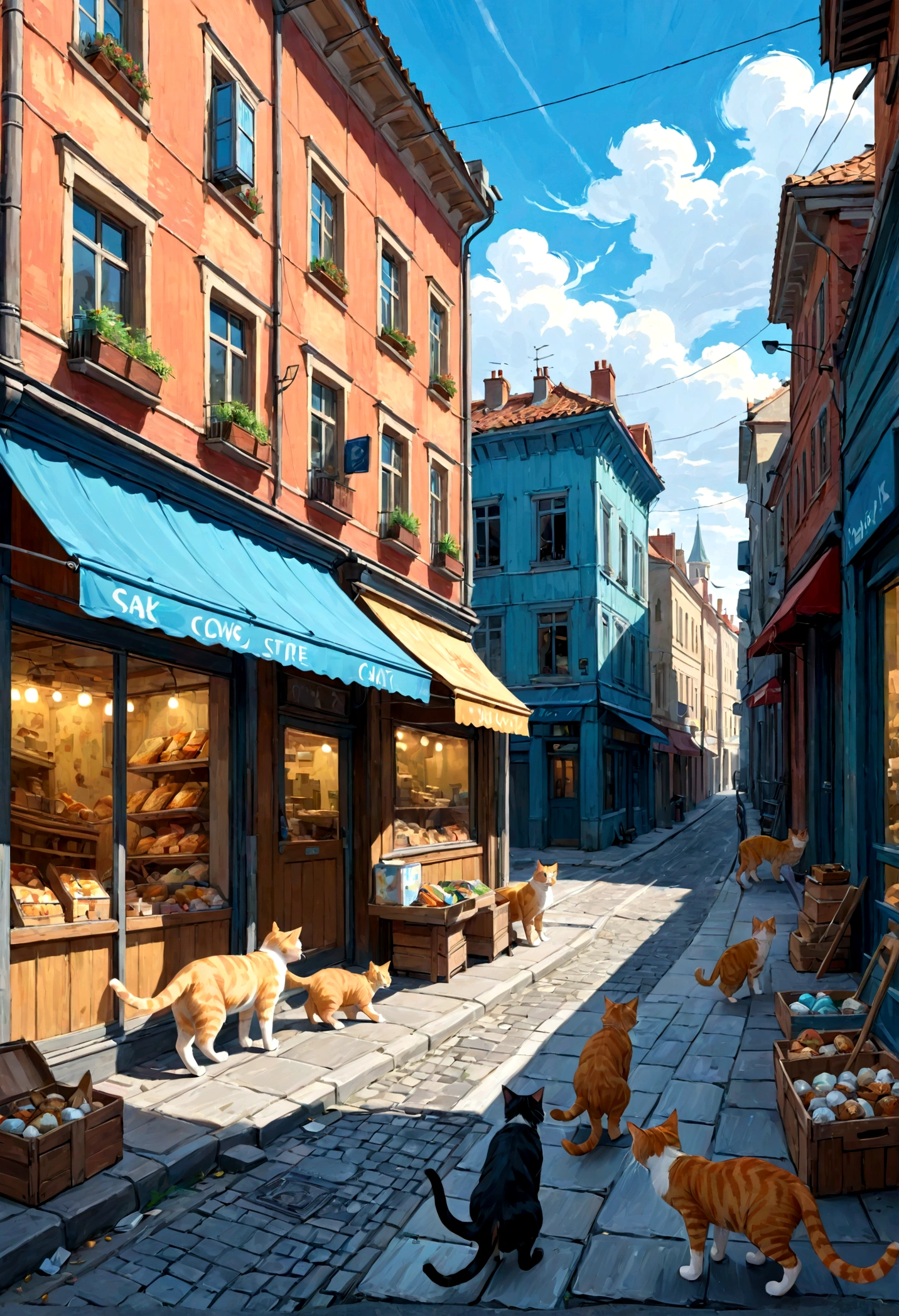 Street cats, abandoned, surviving, fighting for food, on the streets, 8k, in front of shops, houses, buildings, 4k cartoon image, cityscape, art van gogh Painterly style, painting, vibrant