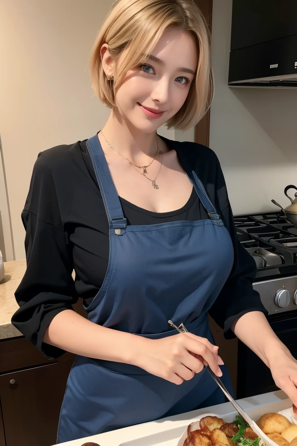 full body、kitchen、業務用Gas stove、The flames are rising、Character is cooking on a huge fire,Cooking food in a frying pan、Gas stove、Wearing a sexy black lace apron, Realistic portraits, Rural charm , 32k, highest quality, masterpiece, Super detailed, 細部までこだわったblue eyes、blonde、Happy Face、short hair、necklace、 (((masterpiece)))、((highest quality))、((超Realistic))、perspective、Very detailed、The perfect temptation、Best image quality、Fine-grained image quality、beautiful、European, woman, French, woman Italian, Italian, jewelry, blue eyes, Realistic, High resolution, Glowing Skin, (Detailed face),tattoo, Wavy Hair,attractive appearance, smile, Perfect Style,Dcup 、 Perfect balance,
