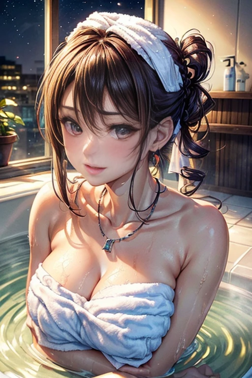 (((Soak up to your shoulders in the unit bath at home:1.7))),(((flannel:1,7))),(((Cover your breasts with a towel:1.7))),(((Night lighting:1.3))),Chest slip,Blushing、Laugh shyly,Chubby,(Beautiful girls)、(Shiny silver and orange inner color short hair,Flower Hair Ornaments,Floral braided top knot,Twisted Side Part Ponytail,Floral knit headband,Half Up、Floral braided space buns,Voluminous fishtail braid,Twisted pan,),(The bangs are see-through),(((Accentuate your breasts:1.3))),(Dynamic Angle),(Dynamic and sexy pose),(Leaning forward:1.3),(((Majestic statue))),(((hairpin,necklace,Earrings))),huge ,blush with embarrassment,Dreamy eyes,A smile that captivates the viewer,Sweaty skin,Staring at the audience,Upper body naked,48 years old ,Upper body naked,Clothing gets messy due to movement,Pointed red mouth,Perfect round face,,Proper body balance,Intricate details,Very delicate and beautiful hair,Photo Real,dream-like,Professional Lighting,Realistic Shadows,Focus Only,Beautiful Hands,Beautiful fingers,Detailed characteristics of the fingers,Detailed clothing features,Detailed hair features,Detailed facial features,(Tabletop,highest quality,Ultra-high resolution output images,) ,(8K quality,),(SeaArt 2 Mode.1),(Picture Mode Ultra HD,)