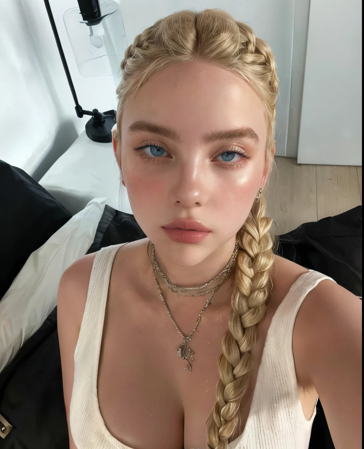 blonde woman with braided hair and a white blouse posing for a photo, face like exposed ester, Retrato de Sophie Mudd, blonde braids and blue eyes, Aleksandra Waliszewska, Dasha Taran, modelo do instagram, Yelena Belova, por Emma Andijewska, angelina stroganova, Angie Glock, por Eva Frankfurther