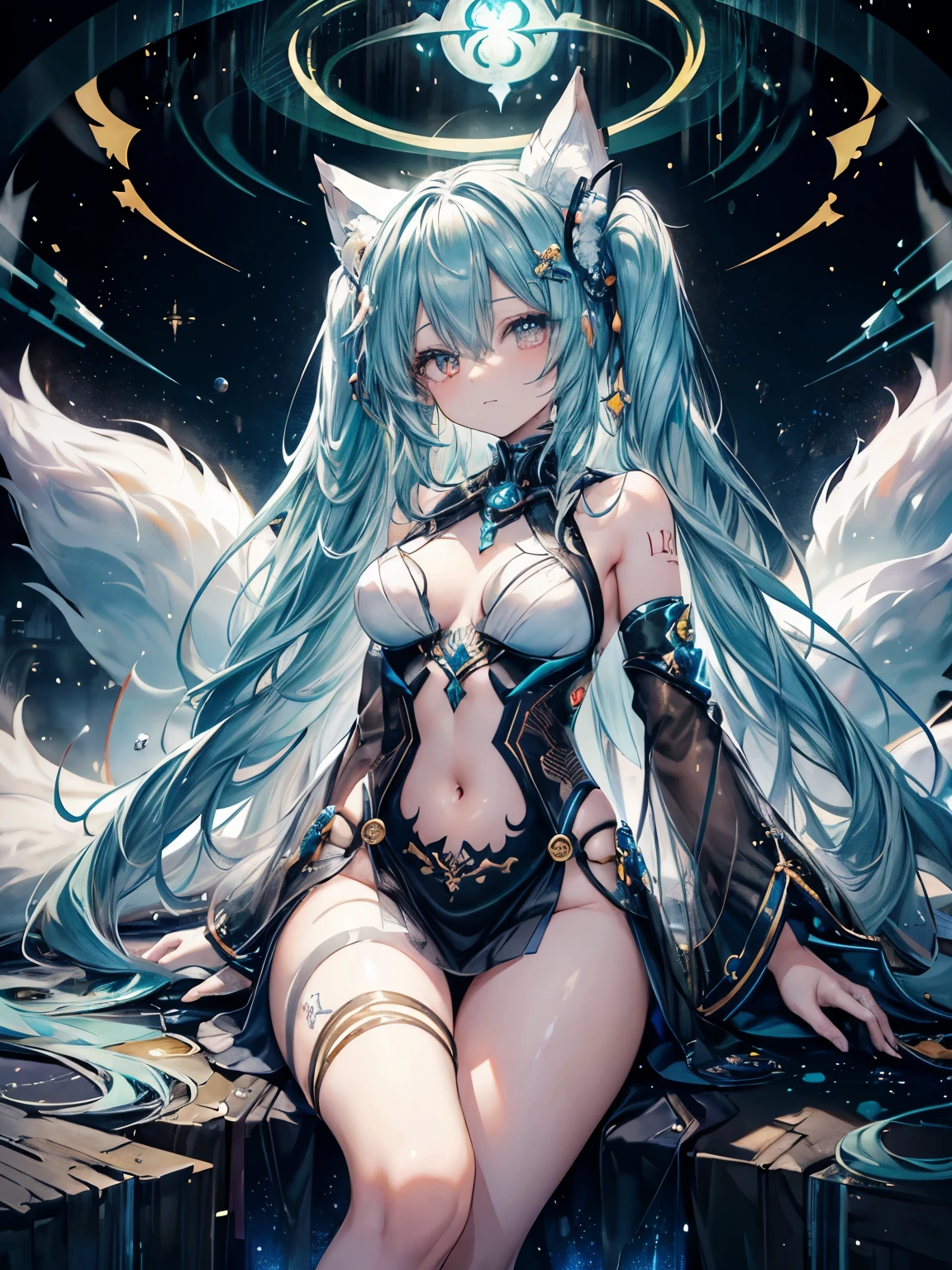 Miku Hatsune, agua&blanco, alta definicion, orejas de kitsune, tatuaje dorado, tatuaje tribal, vista cuerpo completo, patas hermosas,mirada intimidante, Ojos azules profundos, aura magica, kitsune espacial, mystical aura, mystical aura, cola larga y esponjosa, ojos potenciados, aura espacial, chica divina, dios kitsune, divinidad espacial, multiple colorful space, galactic landscape, dark aura magica, magia galaxia