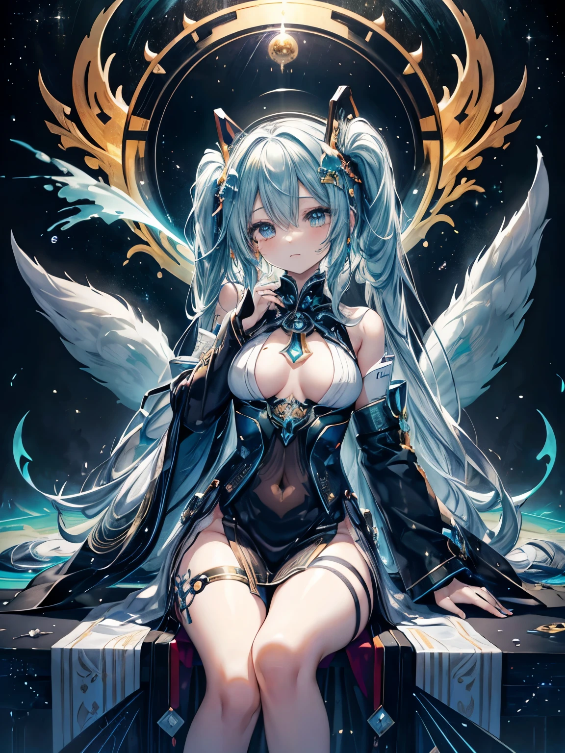  Miku Hatsune, agua&blanco, alta definicion, orejas de kitsune, tatuaje dorado, tatuaje tribal, vista cuerpo completo, patas hermosas,mirada intimidante, Ojos azules profundos, aura magica, kitsune espacial, mystical aura, mystical aura, cola larga y esponjosa, ojos potenciados, aura espacial, chica divina, dios kitsune, divinidad espacial, multiple colorful space, galactic landscape, dark aura magica, magia galaxia