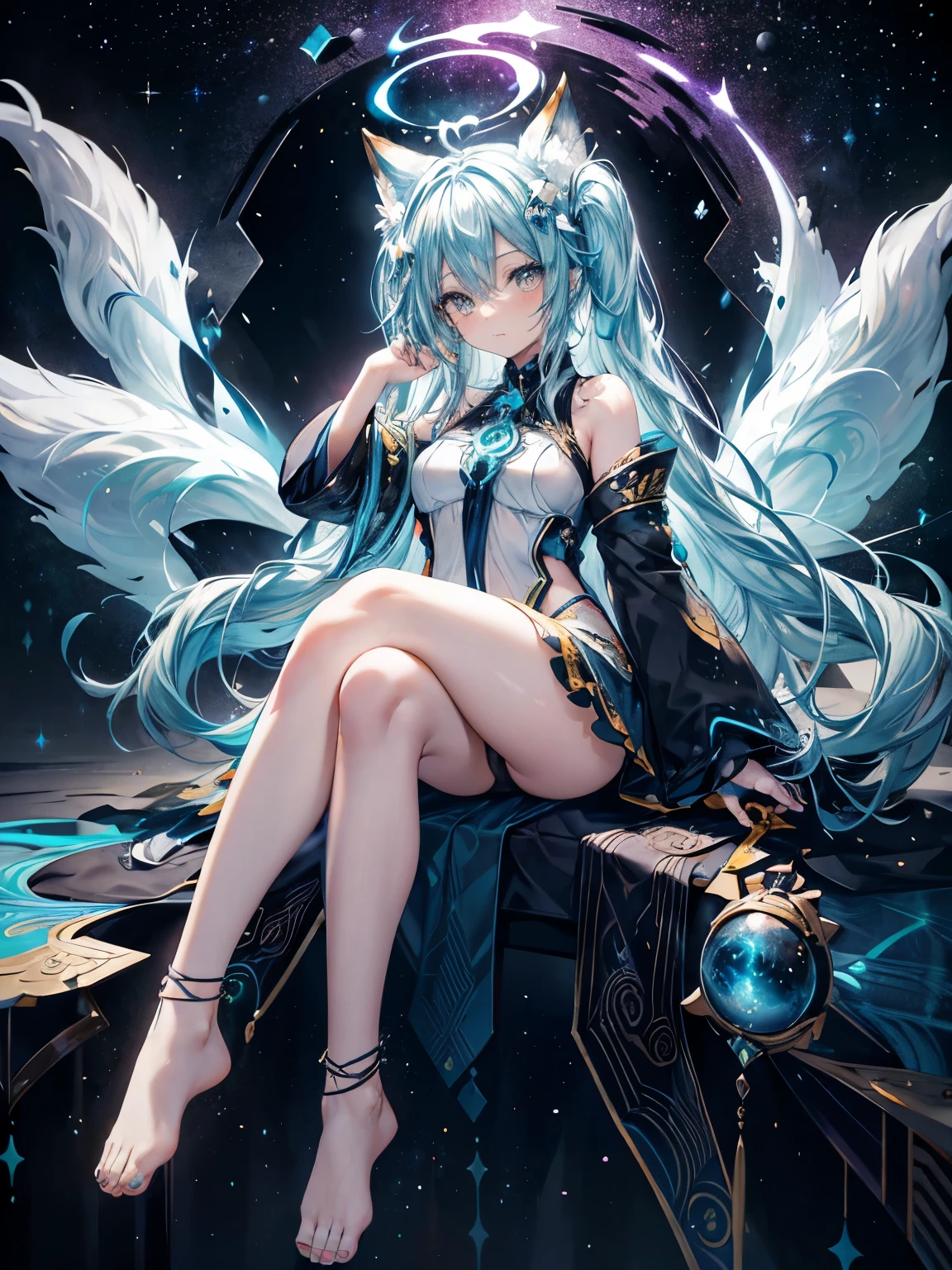  Miku Hatsune, agua&blanco, alta definicion, orejas de kitsune, tatuaje dorado, tatuaje tribal, vista cuerpo completo, patas hermosas,mirada intimidante, Ojos azules profundos, aura magica, kitsune espacial, mystical aura, mystical aura, cola larga y esponjosa, ojos potenciados, aura espacial, chica divina, dios kitsune, divinidad espacial, multiple colorful space, galactic landscape, dark aura magica, magia galaxia