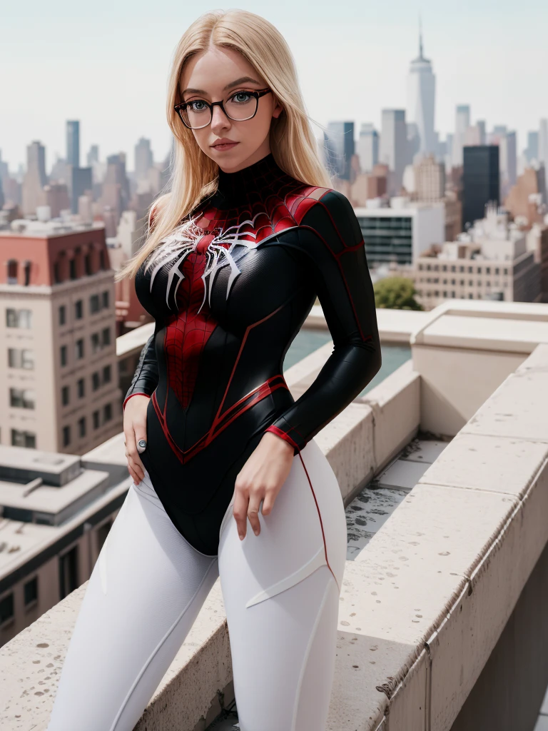 sydswe2024, 1girl, blonde hair, photorealistic, best quality, masterpiece, raw image, depth of field, on top of building, new york skyline, black suit, white trimming, spider woman, skintight suit, white spider symbol, nerdy glasses, 5 fingers,