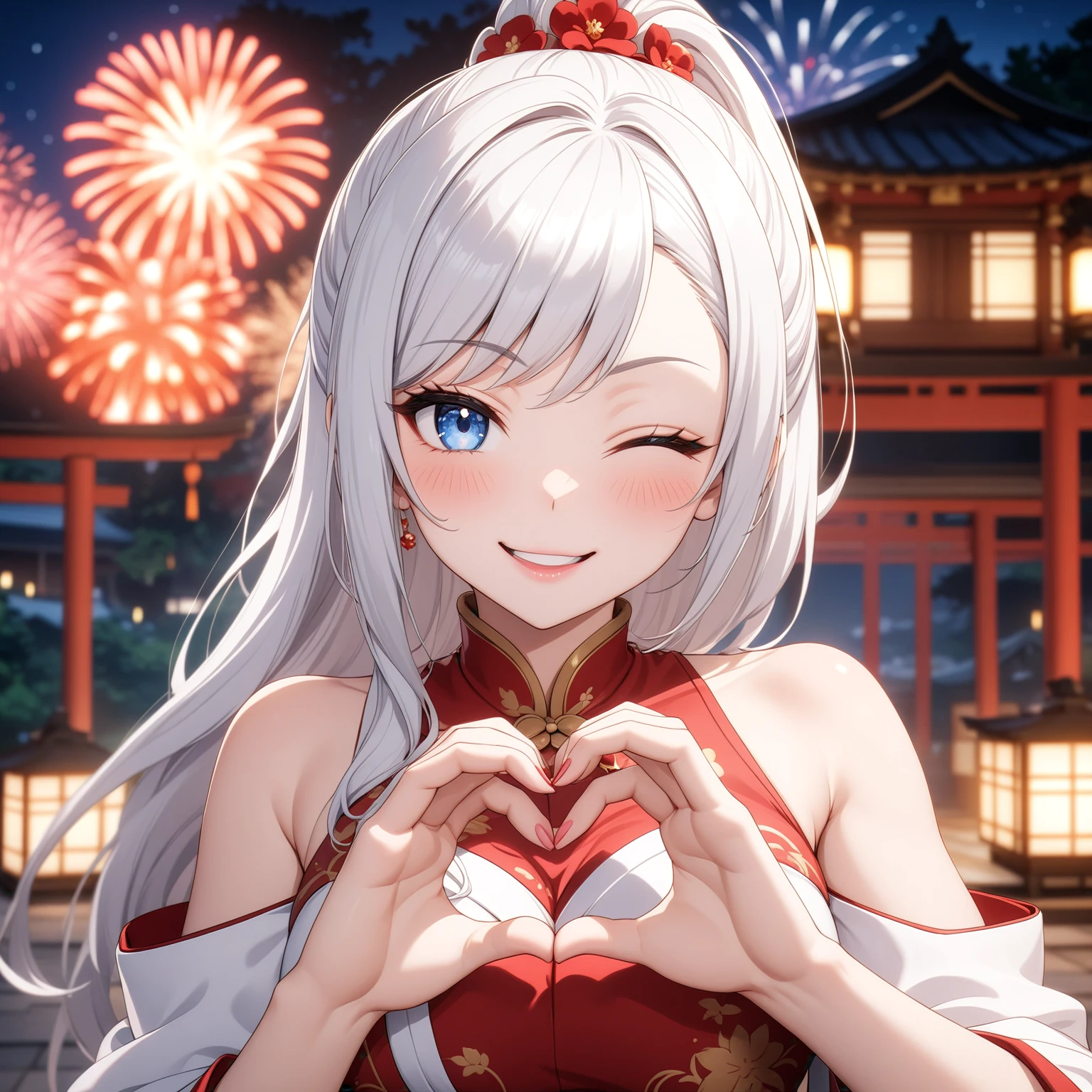 ((one personの女性)), Beautiful Face,Laugh shyly,((Wink:2.0)),Laughing with your mouth open,turn bright red,Glossy pink lips,night,Japanese-style room of the shrine,firework,((Anime style background)),masterpiece, highest quality, so beautiful, Latest, Complex details, (Pink long nails),AI-generated, Complex,High resolution, highest quality, super high quality,3D Images、View your viewers、3D Images,one person,Long white hair,High Ponytail,blue eyes,Anime woman posing for a photo, [[Fine grain、Colorful eyes、Shining Eyes:1.15]],(Squint your eyes:1.1),a hyperRealistic , hyperRealistic , Realistic,Anime woman with long and white hair, Smooth anime CG art, A woman in a colorful kimono with gold embroidery, (Black kimono),Red floral pattern,Long flower hair ornament,Big earrings,(Big Breasts:1.3),Mature Body,expensive,Big Ass,Fine details,Tight waist,Abdominal muscles,(Face close-up:1.5),(Tilt your face:1.8),Shooting from an angle,(A woman making a heart hand sign with their hands in front of their chest:2.0)
