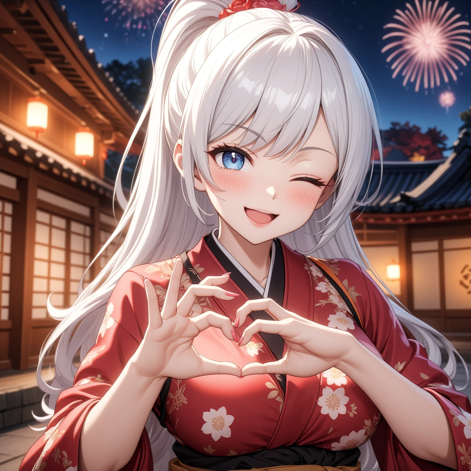((one personの女性)), Beautiful Face,Laugh shyly,((Wink:2.0)),Laughing with your mouth open,turn bright red,Glossy pink lips,night,Japanese-style room of the shrine,firework,((Anime style background)),masterpiece, highest quality, so beautiful, Latest, Complex details, (Pink long nails),AI-generated, Complex,High resolution, highest quality, super high quality,3D Images、View your viewers、3D Images,one person,Long white hair,High Ponytail,blue eyes,Anime woman posing for a photo, [[Fine grain、Colorful eyes、Shining Eyes:1.15]],(Squint your eyes:1.1),a hyperRealistic , hyperRealistic , Realistic,Anime woman with long and white hair, Smooth anime CG art, A woman in a colorful kimono with gold embroidery, (Black kimono),Red floral pattern,Long flower hair ornament,Big earrings,(Big Breasts:1.3),Mature Body,expensive,Big Ass,Fine details,Tight waist,Abdominal muscles,(Face close-up:1.5),(Tilt your face:1.8),Shooting from an angle,(A woman making a heart hand sign with their hands in front of their chest:2.0)