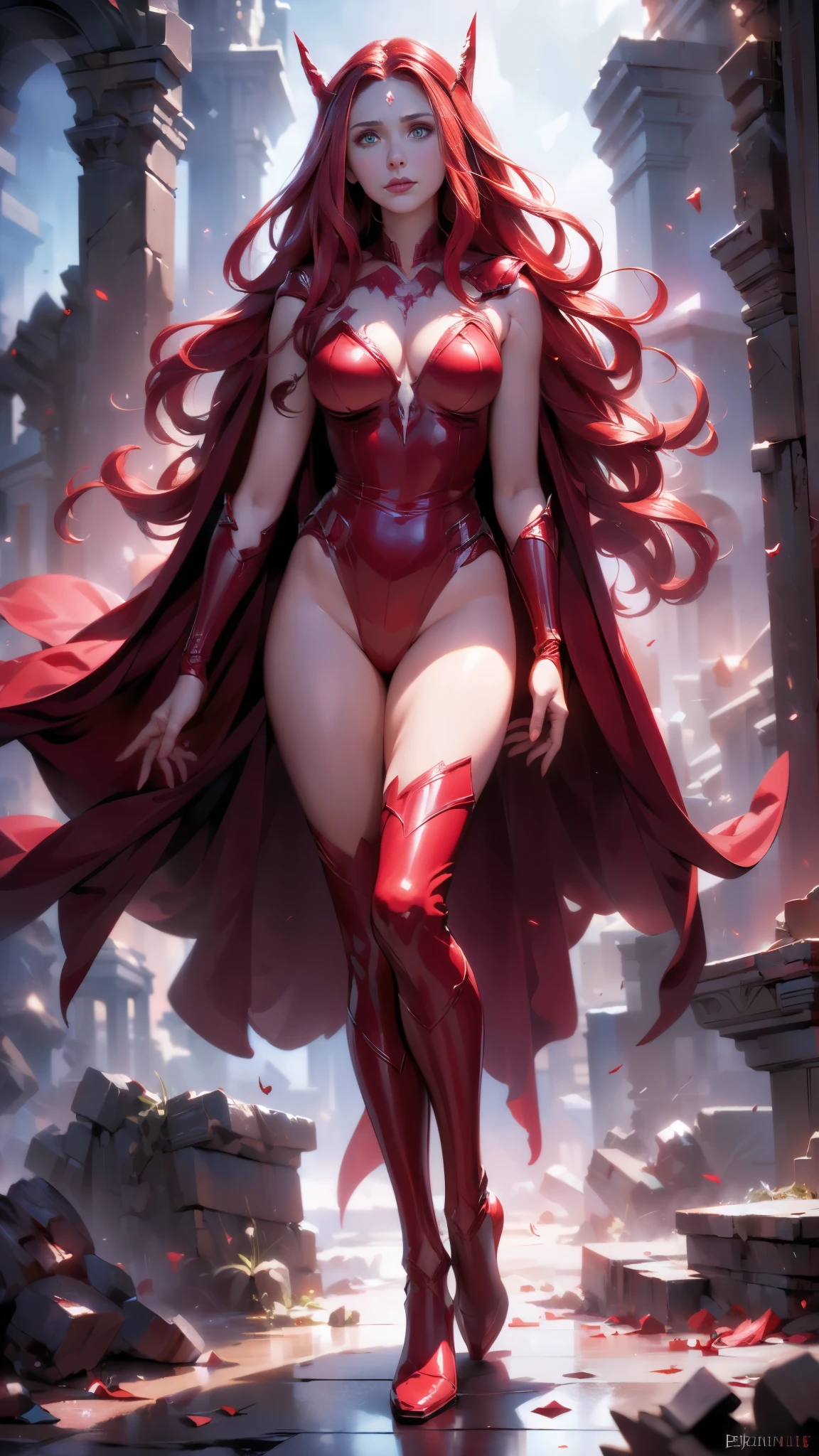 best quality,ultra-detailed,realistic,(sexy scarlet witch) ,beautiful detailed eyes, beautiful detailed lips,( long red hair:1.4) , (witch costume:1.4) , glowing magical powers, intense gaze, confident posture, dark and mysterious background, vibrant colors, enchanting art style, dramatic lighting, ,(Fondo de ruinas de mazmorra en ruinas cyberpunk :1.4 ),( Scarlet Witch:1.4), (perfect anatomy :1.4),( cinematic lighting :1.4), score_9, score_8_up, score_7_up, score_6_up, rating_explicit, 1girl, ((18YO:1.2)), Adult, full lips, big clear eyes, light blue eyes, (( hair:1)), (long wavy hair: 1.2),(Elizabeth Olsen:1.4), (Elizabeth Olsen V2.1), (face detailed :1.4), ,(Fondo de ruinas de mazmorra en ruinas piedras grandes :1.4 ), (estilo encaje lingerie red:1.4),( perfect anatomy V2.1),( dedos perfecto :1.4)