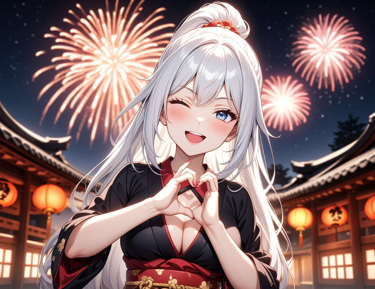 ((one personの女性)), Beautiful Face,Laugh shyly,((Wink:2.0)),Laughing with your mouth open,turn bright red,Glossy pink lips,night,Japanese-style room of the shrine,firework,((Anime style background)),masterpiece, highest quality, so beautiful, Latest, Complex details, (Pink long nails),AI-generated, Complex,High resolution, highest quality, super high quality,3D Images、View your viewers、3D Images,one person,Long white hair,High Ponytail,blue eyes,Anime woman posing for a photo, [[Fine grain、Colorful eyes、Shining Eyes:1.15]],(Squint your eyes:1.1),a hyperRealistic , hyperRealistic , Realistic,Anime woman with long and white hair, Smooth anime CG art, A woman in a colorful kimono with gold embroidery, (Black kimono),Red floral pattern,Long flower hair ornament,Big earrings,(Big Breasts:1.3),Mature Body,expensive,Big Ass,Fine details,Tight waist,Abdominal muscles,(Face close-up:1.5),(Tilt your face:1.8),Shooting from an angle,(A woman making a heart hand sign with their hands in front of their chest:2.0)