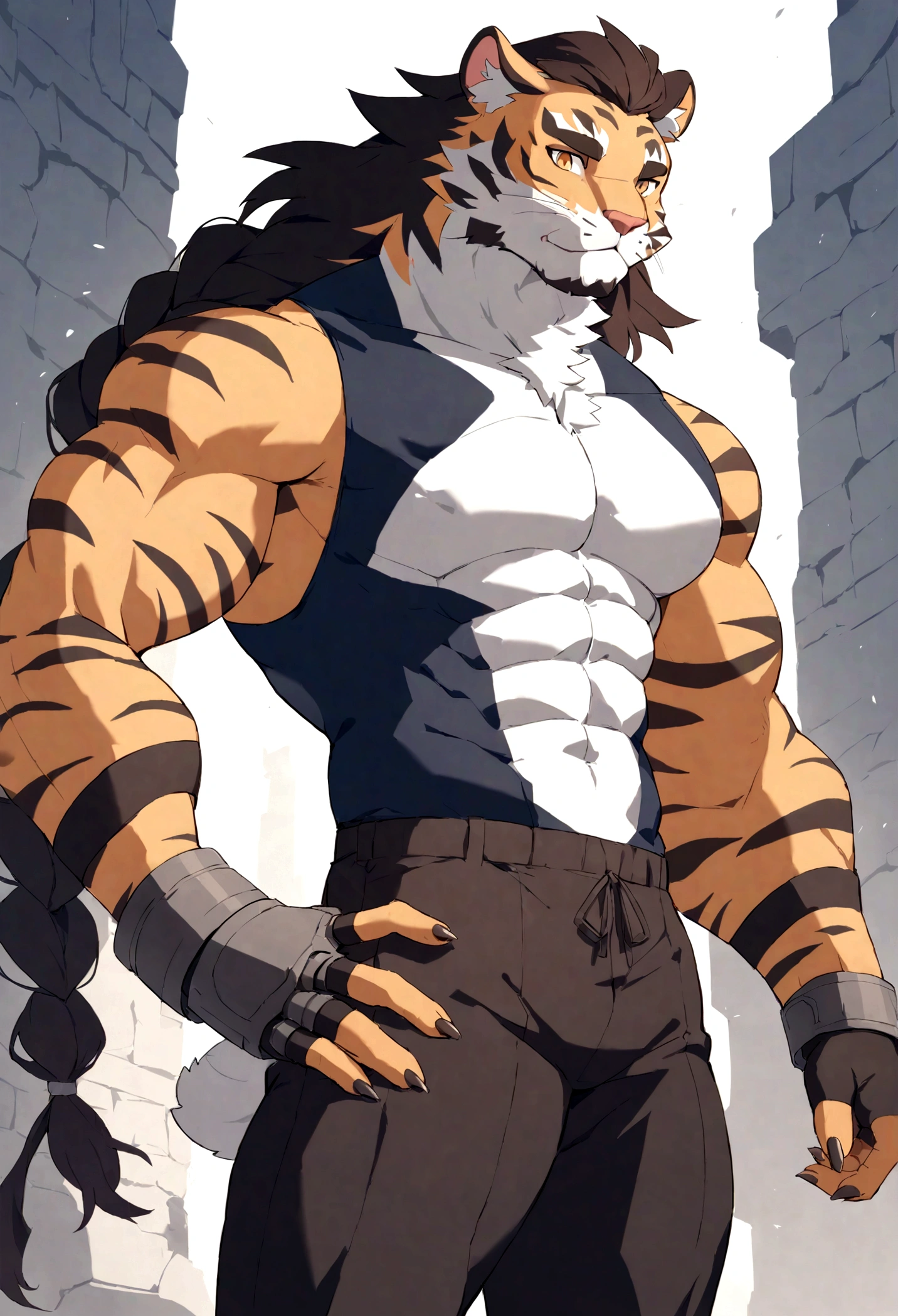 an imposing, muscualar male furry tiger man, skinny, athletic, wearing leather fingerless gauntlets, has long braided dreadlocks