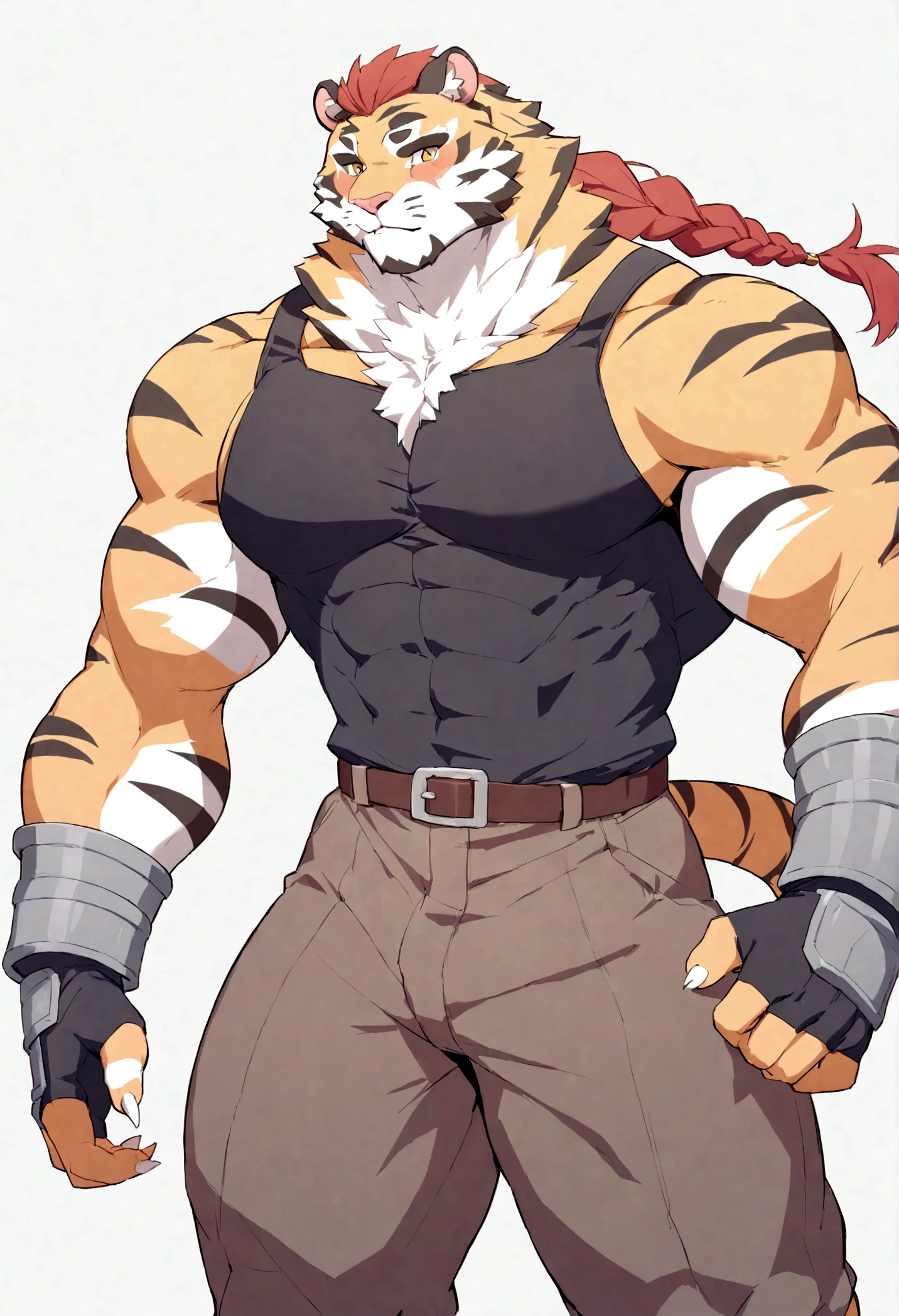 an imposing, muscualar male furry tiger man, skinny, athletic, wearing leather fingerless gauntlets, has long braided dreadlocks