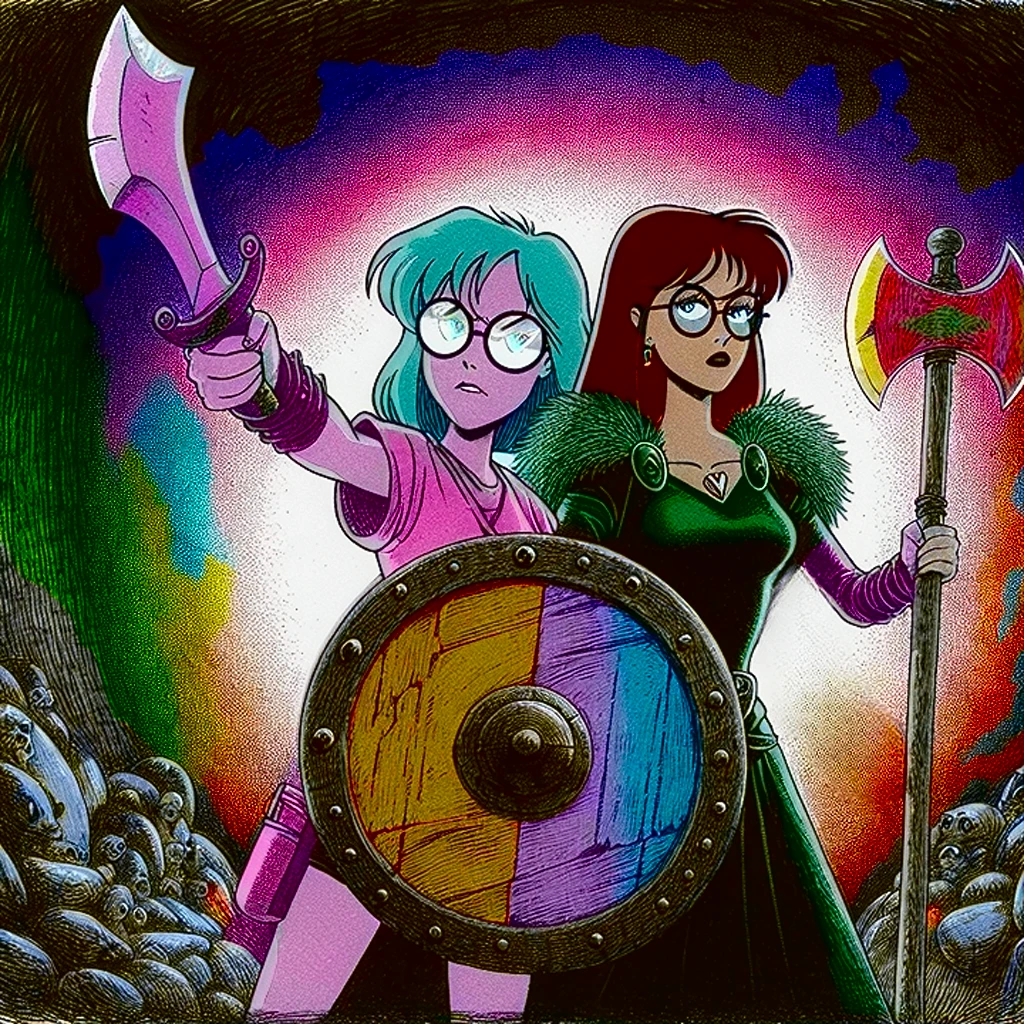 Daria Morgendorffer and Jane Lane as warriors in the style of MTV's animated show Daria, with shield and hatchet, hand-drawn in 90's style, with surreal and absurd elements, no light source, UV rays across face, rich color grading, cel shading, VHS glitch effects, nostalgic 90's vibe, hyperrealistic rotoscope, cinematic, with a background of pine barrens, entropy, magic hour sunset, galaxy stars, cosmos, in expressive ink bold line, with a color palette of bleak, muted, deep, fiery, radiant, glowing ROYGBIV.