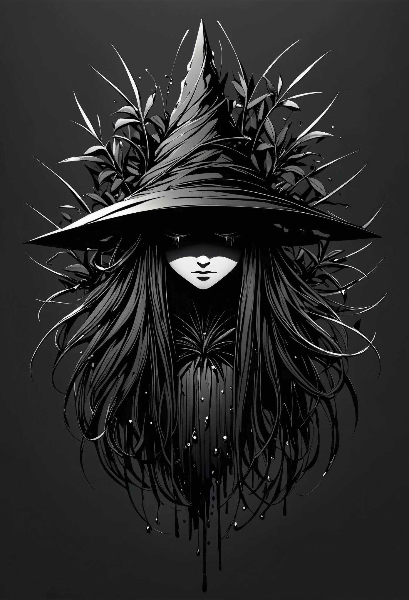 Create a simple and elegant plant witch logo,nature, shedding niobium tears. The design should convey a strong sense of sadness and melancholy, using a minimalist approach with clear ugly lines and using only deep matte black, nicola samori,ben templsmith,Irina Yermolova