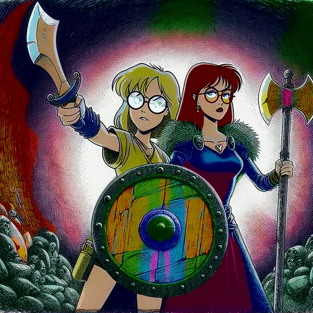 Daria Morgendorffer and Jane Lane as warriors in the style of MTV's animated show Daria, with shield and hatchet, hand-drawn in 90's style, with surreal and absurd elements, no light source, UV rays across face, rich color grading, cel shading, VHS glitch effects, nostalgic 90's vibe, hyperrealistic rotoscope, cinematic, with a background of pine barrens, entropy, magic hour sunset, galaxy stars, cosmos, in expressive ink bold line, with a color palette of bleak, muted, deep, fiery, radiant, glowing ROYGBIV.