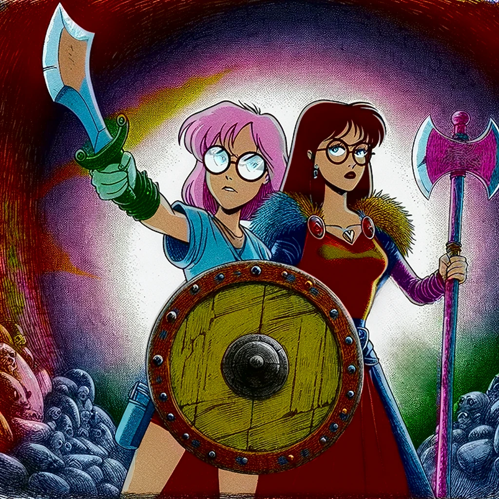 Daria Morgendorffer and Jane Lane as warriors in the style of MTV's animated show Daria, with shield and hatchet, hand-drawn in 90's style, with surreal and absurd elements, no light source, UV rays across face, rich color grading, cel shading, VHS glitch effects, nostalgic 90's vibe, hyperrealistic rotoscope, cinematic, with a background of pine barrens, entropy, magic hour sunset, galaxy stars, cosmos, in expressive ink bold line, with a color palette of bleak, muted, deep, fiery, radiant, glowing ROYGBIV.