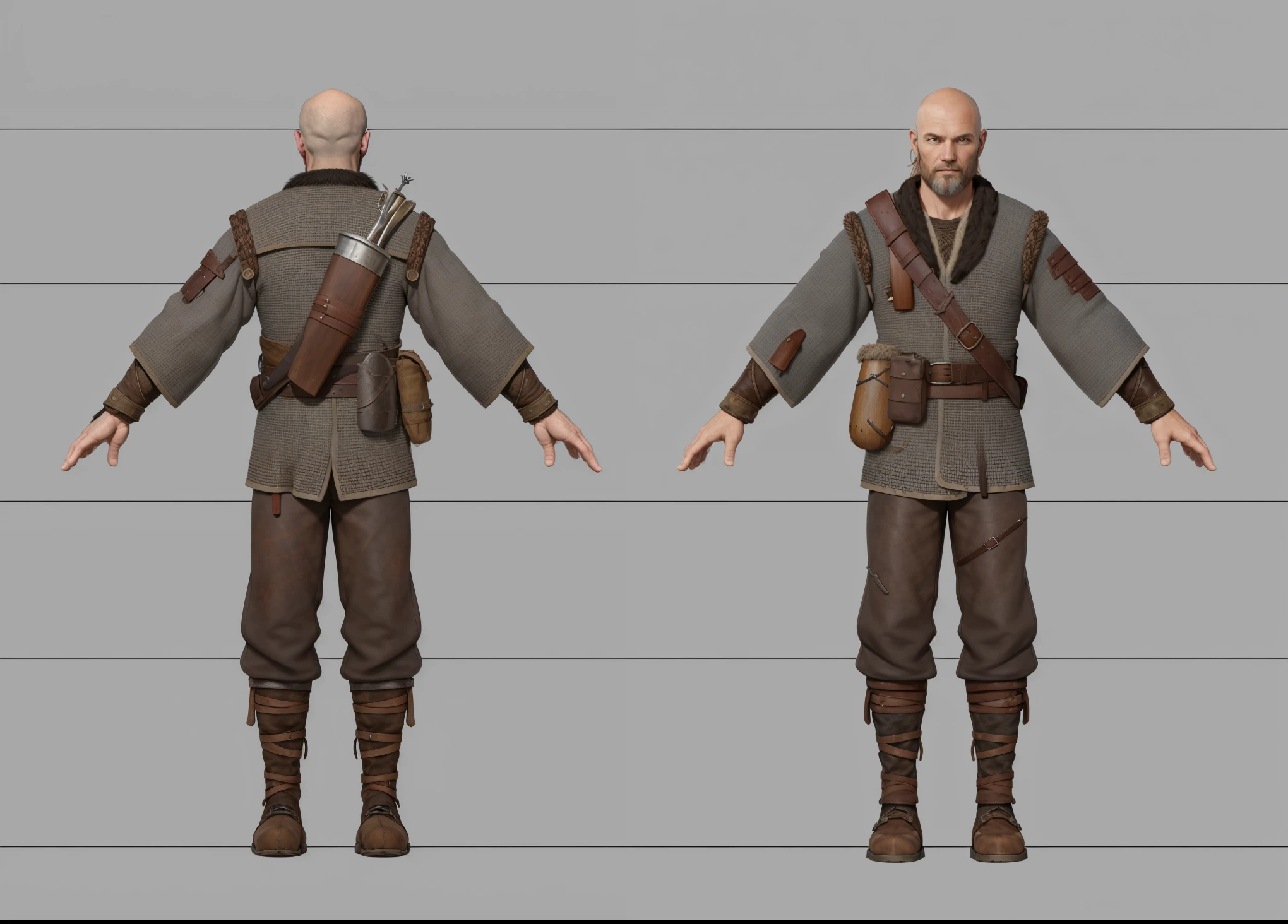 ( Realistic:1.33),(masterpiece:1.1),(highest quality:1.1),(HDR:1) a close up of a hunter villager with quiver on back, medieval villager , tattered wool cloth, full body concept, detailed full body concept, Viking ranger style, Viking protective, Portrait of a Viking, Viking warrior, Viking culture, Nordic warrior, Viking costume, Ancient Viking warrior, wearing Viking clothing, male Viking, with Machado, Nordic inspiration, full body character concept,costume concept design, full body details, detailed full body concept art, full character body, character model sheet turnaround, fullbody shot turnaround, concept character sheet, full body concept art, reference model sheet , full body concept art, RPG style character, game character design, 3d character reference sheet, video game character concept, detailed character design, character sheet, [ character model sheet turnaround ], front and back, ((front and back)), grey clean background, 3D character, leather belt, leather boots with rob, ((gambeson cloth with seam on sleeve)), dim blue gambeson, leather belt on chest, ((gambeson cloth)), (((Quiver on back))),(((whiskey leather flask on belt))),((pouch on belt)), tattered trouser