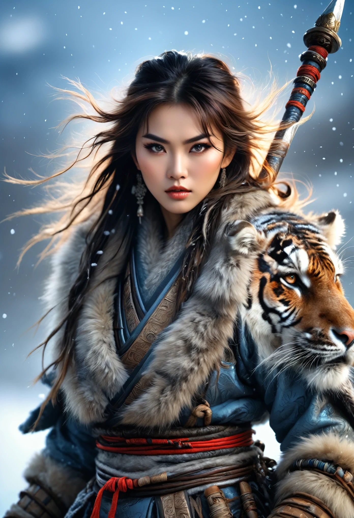 (best quality,4k,8K,High resolution,masterpiece:1.2),Extremely detailed,(Practical,photoPractical,photo-Practical:1.37),Thick fur winter coat,Creative fusion of traditional Chinese design patterns and contemporary elements, Messy hair, Intense expression, Energetic, Sharp eyes, 1 Samurai, Handsome face, Tiger beast, Epic Fantasy Character Art, wearing intricate fur armor, Luis Royo (Luis Royo) style, Northern female warrior holding a spear, HDR, Ultra HD, Studio Lighting, Super Fine, Clear focus, Physically Based Rendering, Extremely detailed的描述, professional, Bright colors, Bokeh, portrait, landscape