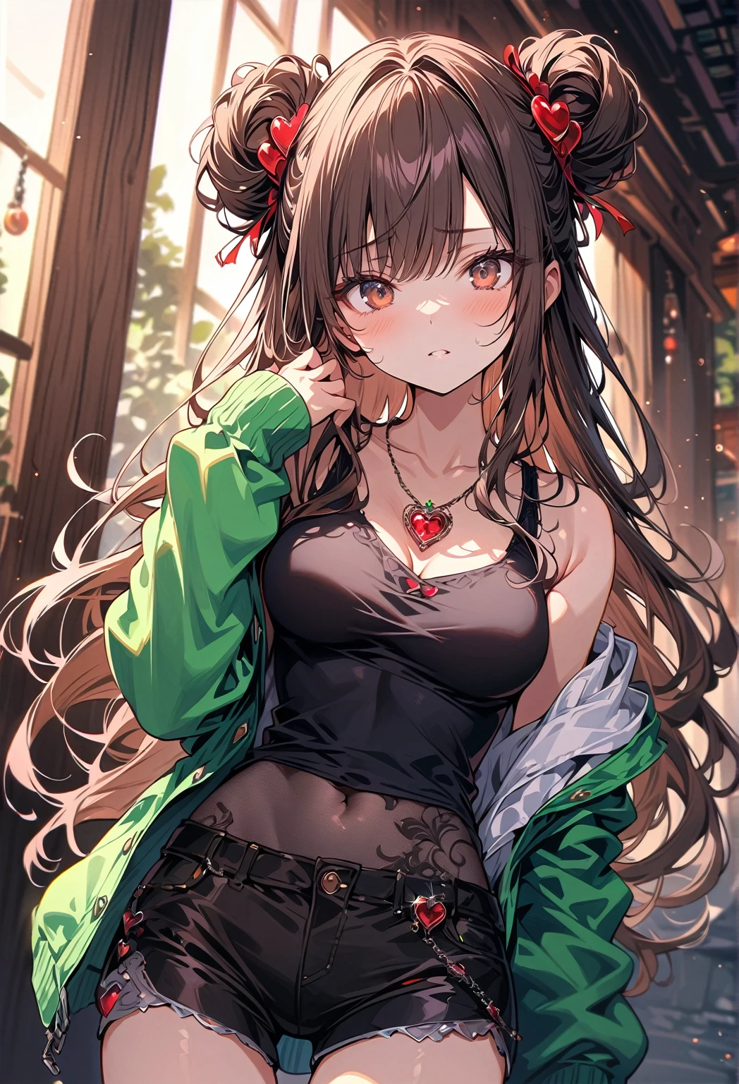 (best quality, top details, high quality, detailed, highest quality, 4k, 8k resolution, highres, ultra fine painting, masterpiece:1.2), digital art, 8k CG wallpaper, CG, detailed background, high resolution, epic lighting, RAW photo, POV shot, sharp focus, HDR, UHD, professional photography, good lighting, soft light, soft colors, looking at viewer, detailed lights and shadows, niji style, stylish, ultra, ultra-detailed, trending art, master crafted, blurry background, pose, top quality, details, solo, 1 girl, a nervous girl, (medium breasts:1.3), tight bust, flushtered, nice hips, nice body, casual, innocent face, cute, slim, nervous face, brown hair, long flowing hair, twin buns hairstyle, long bangs, (long hair), middle hair bangs, brown eyes, full body, ((tight black string tanktop:1.2), off shoulder green open hoodie, shorts, one big red gem heart necklace)