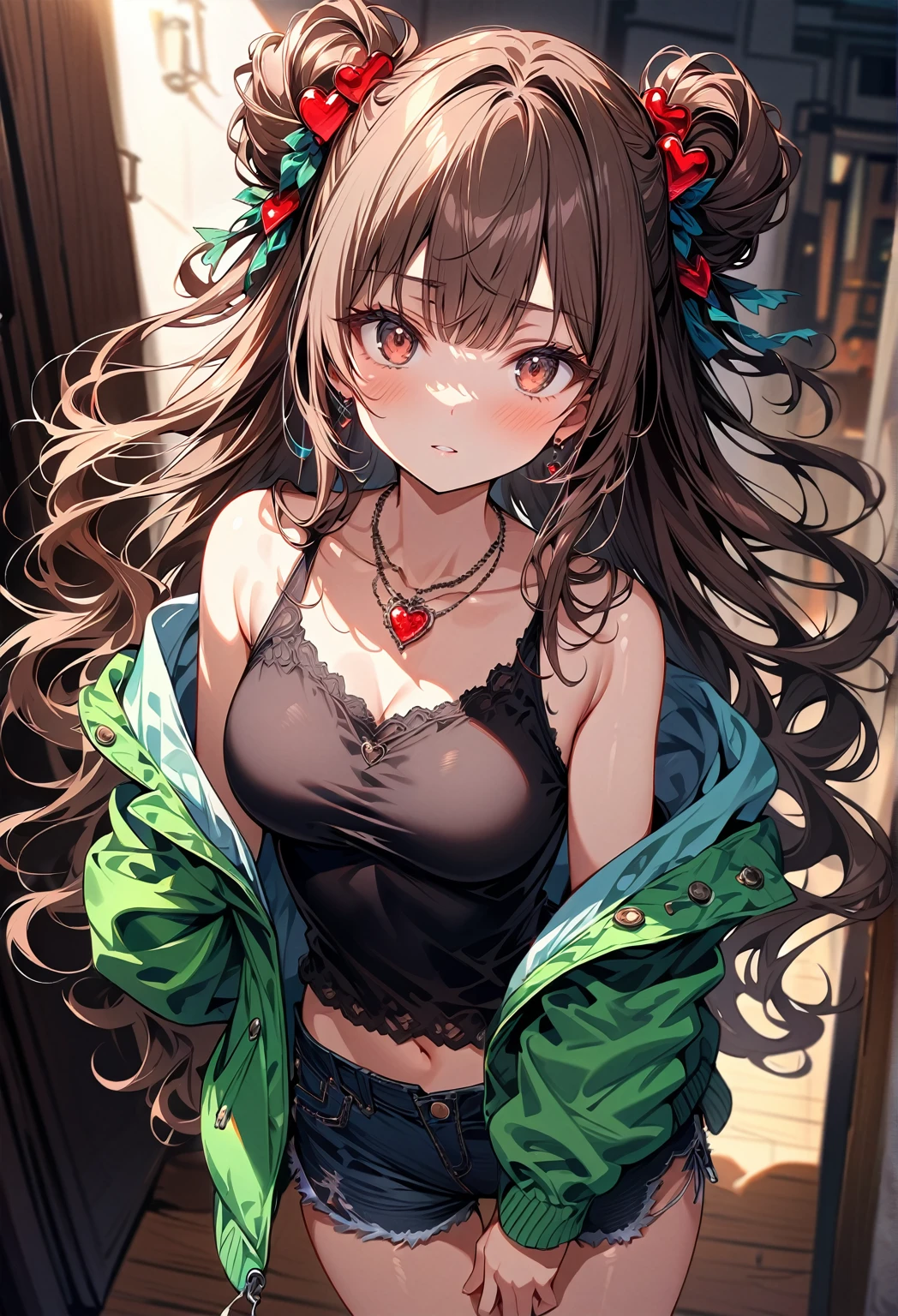 (best quality, top details, high quality, detailed, highest quality, 4k, 8k resolution, highres, ultra fine painting, masterpiece:1.2), digital art, 8k CG wallpaper, CG, detailed background, high resolution, epic lighting, RAW photo, POV shot, sharp focus, HDR, UHD, professional photography, good lighting, soft light, soft colors, looking at viewer, detailed lights and shadows, niji style, stylish, ultra, ultra-detailed, trending art, master crafted, blurry background, pose, top quality, details, solo, 1 girl, a nervous girl, (medium breasts:1.3), tight bust, flushtered, nice hips, nice body, casual, innocent face, cute, slim, nervous face, brown hair, long flowing hair, twin buns hairstyle, long bangs, (long hair), middle hair bangs, brown eyes, full body, ((tight black string tanktop:1.2), off shoulder green open hoodie, shorts, one big red gem heart necklace)