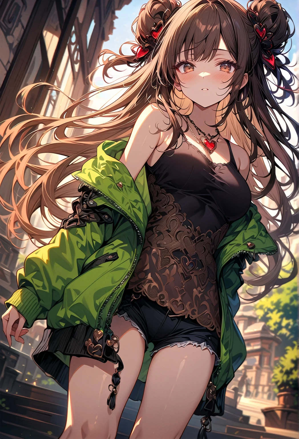 (best quality, absurdres, top details, high quality, very aesthetic, detailed, highest quality, newest, highres, ultra fine painting, masterpiece:1.2), digital art, 4k, 8k resolution, 8K CG wallpaper, CG, detailed background, blurry background, high resolution, epic lighting, RAW photo, POV, sharp focus, professional photography, good lighting, soft light, soft colors, looking at viewer, detailed lights and shadows, stylish, ultra-detailed, Pixiv, trending art, niji style, modern-days, master crafted, pose, (top quality, details:1.37), solo, 1girl, a girl, (medium big breasts:1.2), tight bust, big thighs, short torso, flushtered, casual, (innocent face, cute, slim), nice hips, nice body, brown hair, (long flowing hair:1.2) , twin buns hairstyle, long bangs, long hair, middle hair bangs, brown eyes, ((black string tanktop:1.2), tummy skin:1.1, off shoulder open green hoodie, shorts), flower garden, grass, flowers, sun, tress, plants, puddle, birds, animals, clouds, branches, tree log, tree stump, outdoor, landscape, open field, forest area, no houses, no infrastructure, no house roofs