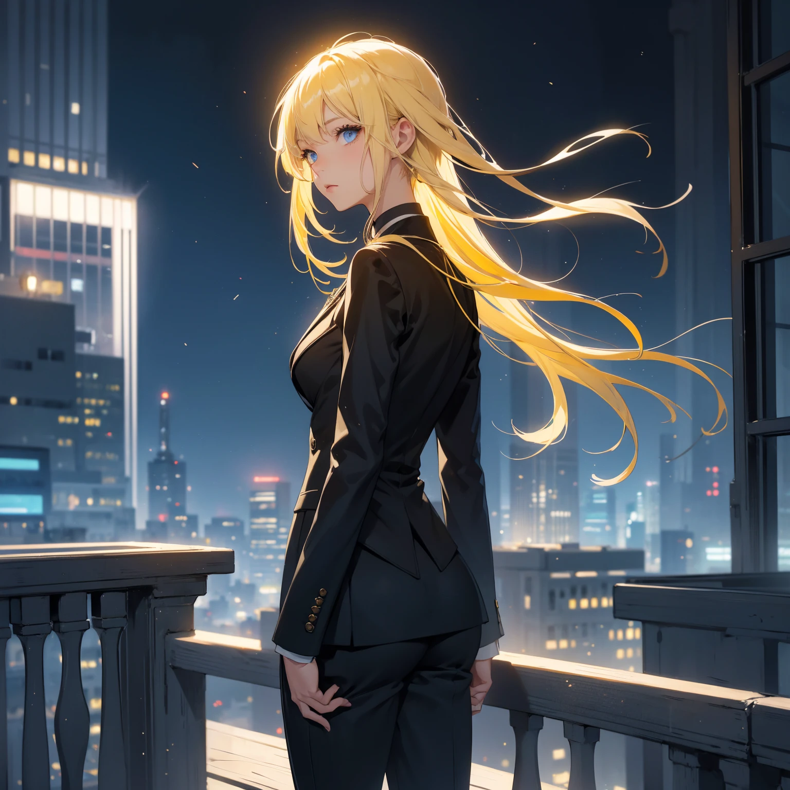 1girl, yellow hair, light blue eyes, wearing all black suits, on top of a building, high res, ultrasharp, 8k, masterpiece, looking at viewer from behind