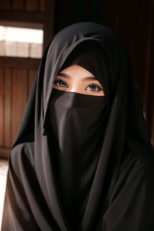 She wears a veil that hides her face.white black Muslim clothes 、Eyes are hidden, open big breast, sexy