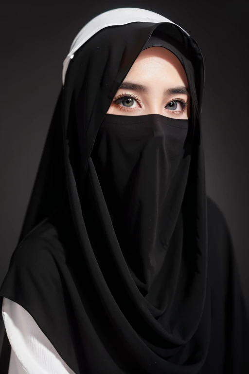 She wears a veil that hides her face.white black Muslim clothes 、Eyes are hidden, open big breast, sexy