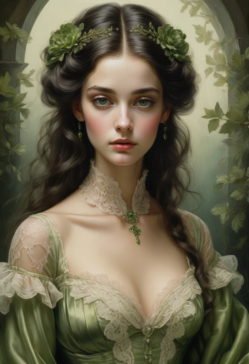 small,dark-haired ,dimples, antique style,nylon, lace, satin, silk,tulle, velvet,botanical art, complicated hairstyle,emphasis on wide-open, cunning,green, bottomless, crystal clear eyes,long, lush eyelashes,perfection itself,dynamics, movement, pixel graphics,classical painting, lamination, soft lighting, high detail, high resolution, beautiful, aesthetically pleasing, wallpaper, surrealism,mysticism, professional drawing in the style of Kramskoy