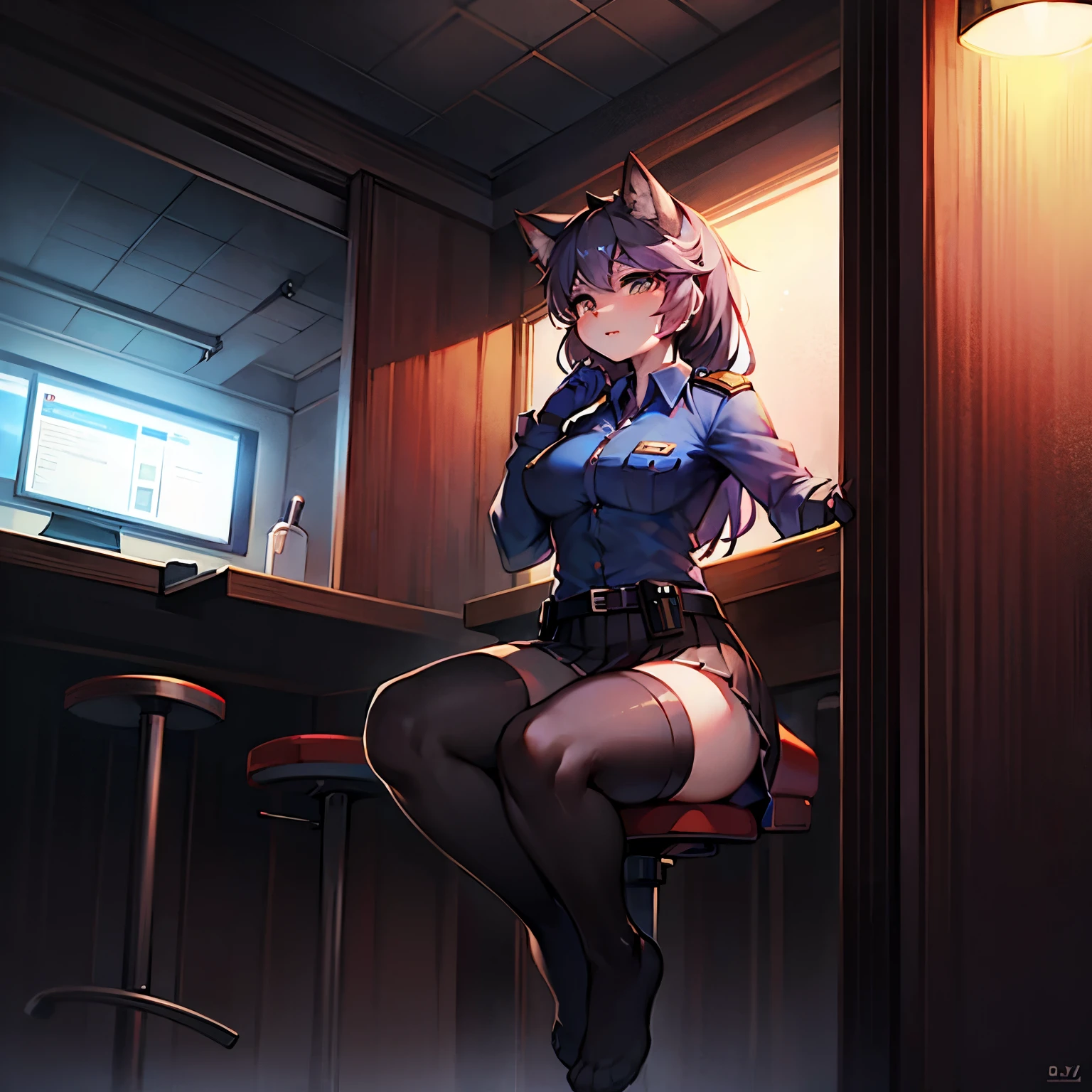 cat girl in a police woman Uniform with skirt and leggings