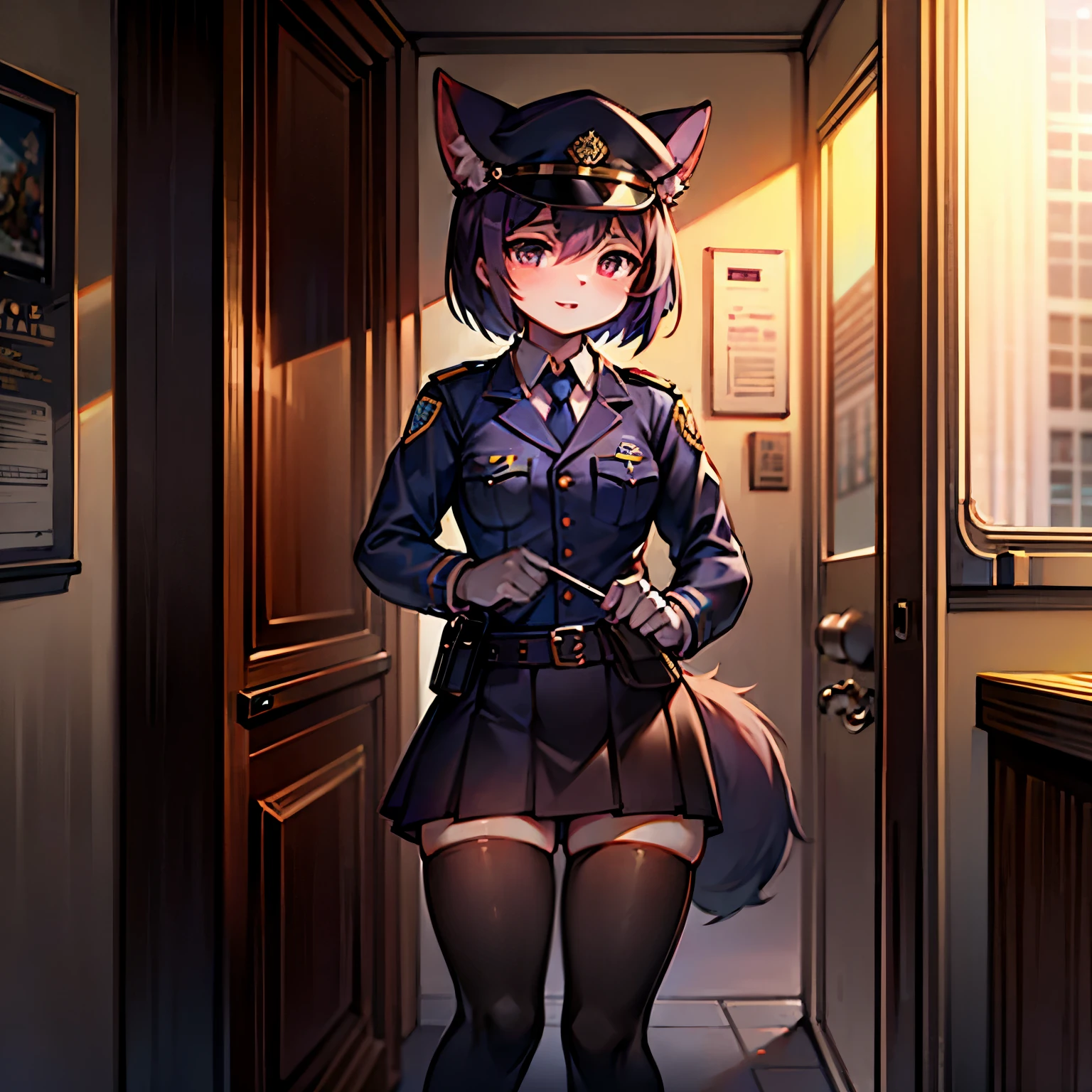 cat girl in a police woman Uniform with skirt and leggings