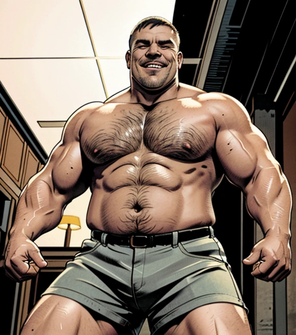 Intense cinematic scene, Full-body shot, Robust and robust real-world environment, short-hair, thick arm muscles, thick leg muscles, bbw, strong, Fat middle-aged man with a bright smile, wear shorts, fotografia de Corpo completo imagem de corpo inteiro, low side angles. Detailed image dynamic image. He doesn&#39;t wear clothes.Only plump, chubby, extremely thick thighs, large belly, fat, "Two plump men with big guts, sporting ginger short hair and beards, They are wearing only underwear. The image is of the highest quality, with ultra-detailed realism and vivid colors. The lighting highlights every curve and texture, creating a visually stunning portrait.(b0ndage,strap, bondage outfit), lean on the bar, in nightclub, neon lights, floated in the air shirtless Caucasian male with short dark hair and he body full tattoo. wearing black leather harness and briefs, he make black gloves. He wore fur robes, he eyes is golden. 