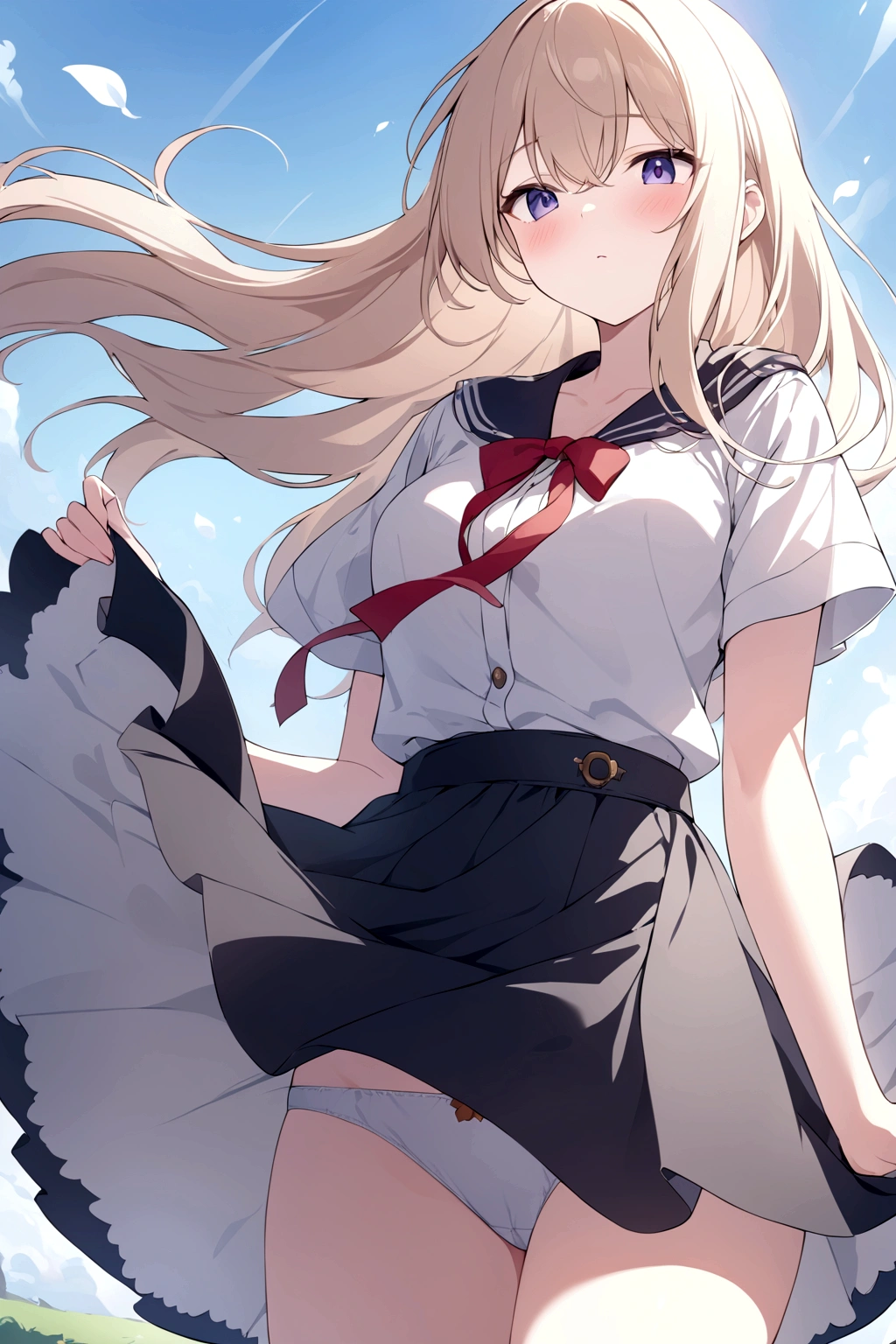 音無響子
Low - Angle、
Low - Angle、Long skirt、Hold down your skirt that is being blown up by the strong wind、The strong wind is showing her white cotton panties、high quality:1.0), (masterpiece:1.0), (Ultra-fine illustrations:1.0), ネイビーブルーのLong skirt、
、Lined、