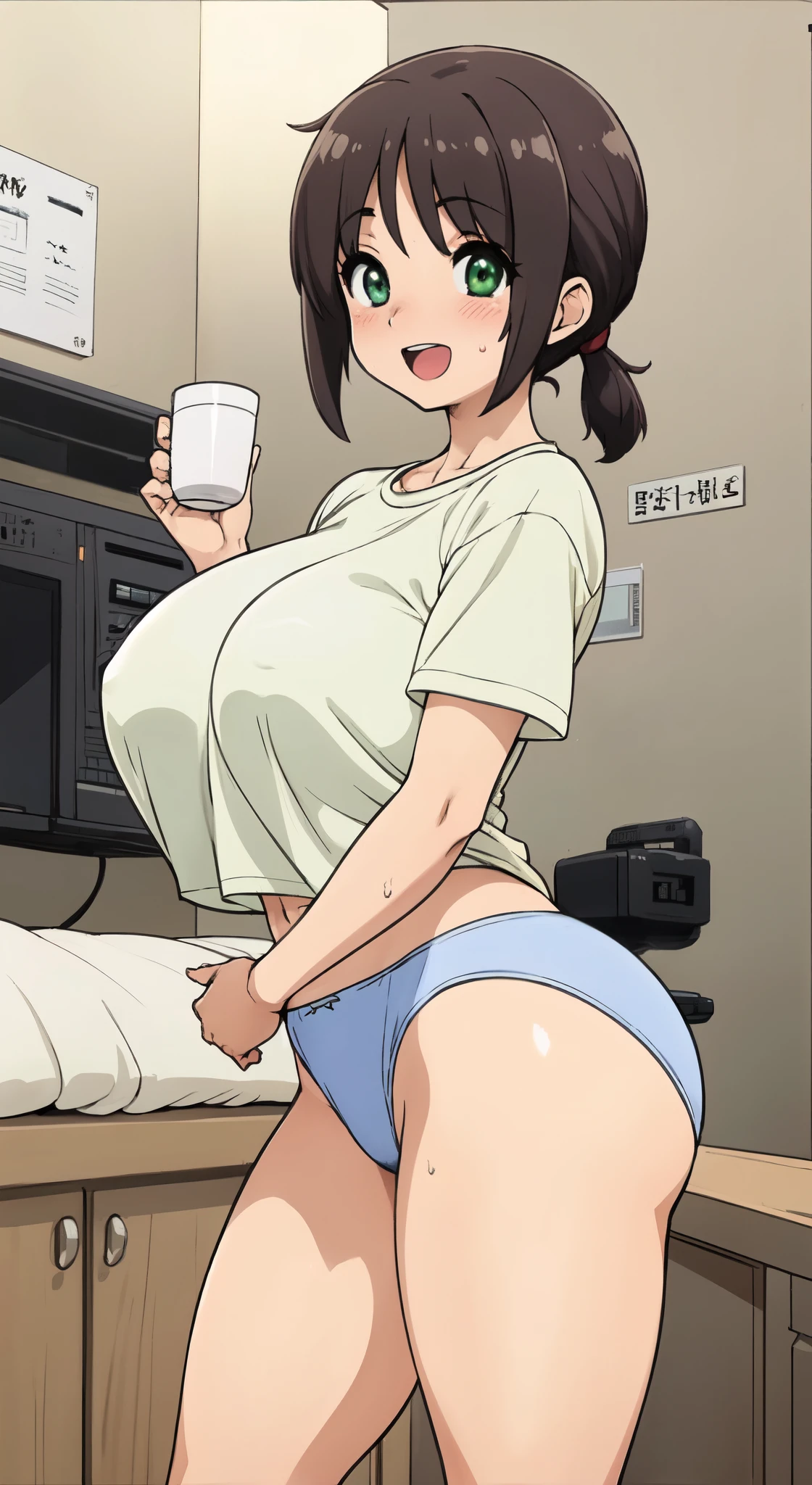 (Perfect body),highest quality,16k,(Browsing Caution)、Anime Screen Capture、Chubby、Fat Belly、((blush)),(short hair), (Green Eyes) ,Sweat,Wet,cowboy_shot,(Brown Hair)、((Braided ponytail)),(((Long sideburns)))、Holding a mug、((White T-shirt))、Light blue panties、Big Ass,Huge breasts、blush、Close one eye、Looking at the audience,((:d)),((1 girl))、Bedroom