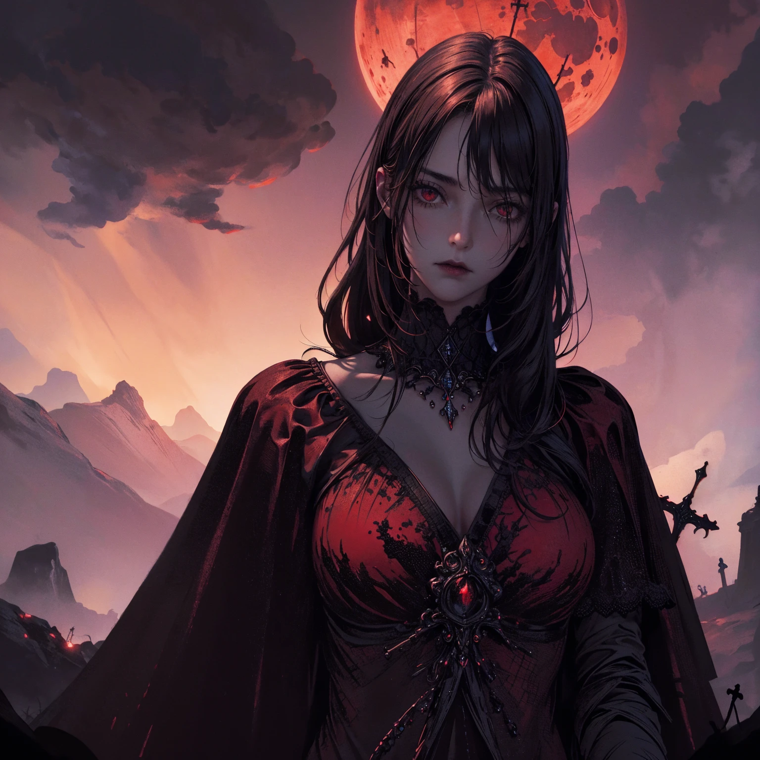 best quality, 4k, High resolution, masterpiece:1.2, Extremely detailed, Practical:1.37, Mood lighting, girl, Crucified, Pitch black sky, Red Moonlight, Weird atmosphere, Gothic style, Unforgettable beauty, Dramatic shadows, Ethereal Light, Mysterious atmosphere.